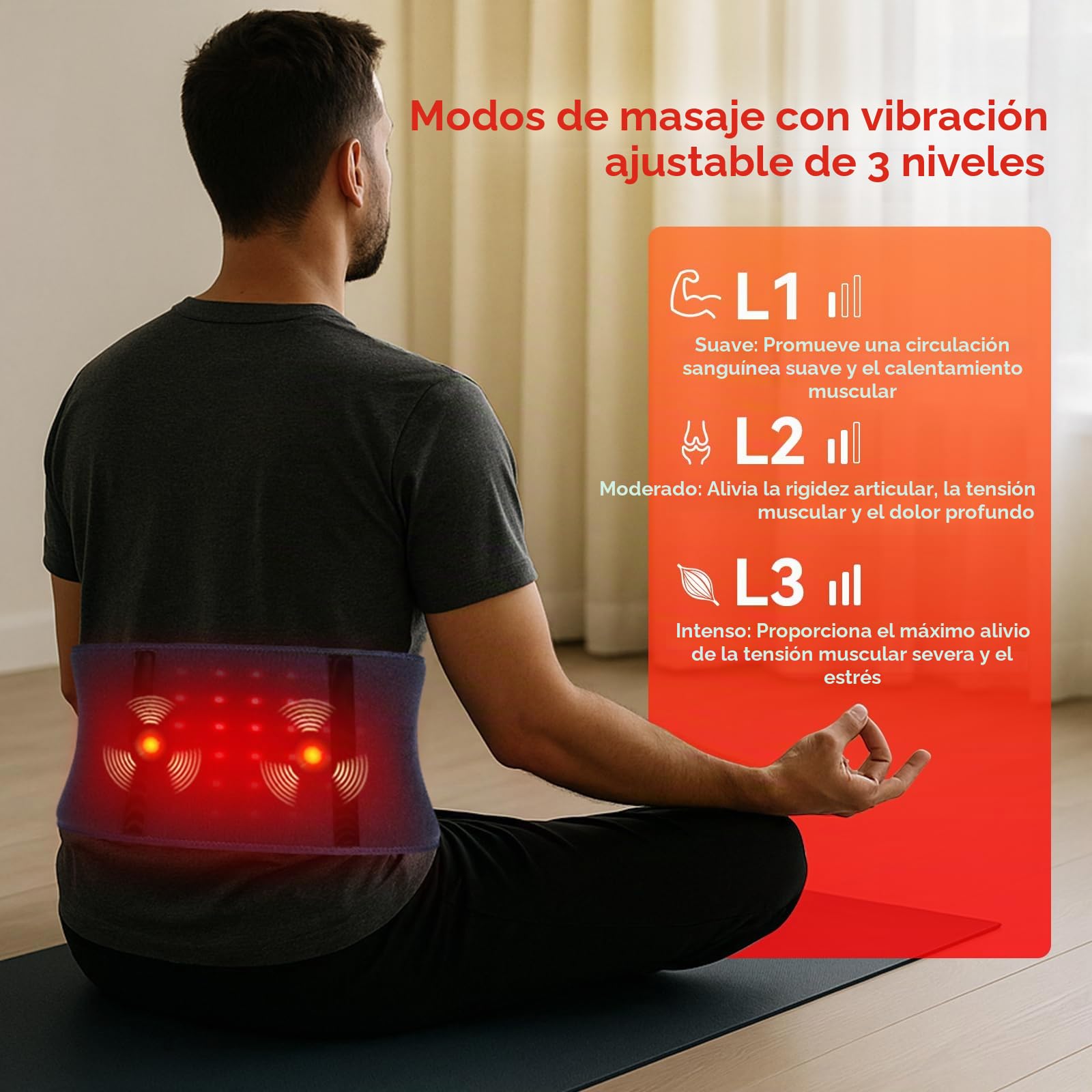 Cinturón de terapia de luz roja para espalda y abdomen, 5000 mAh inalámbrico infrarrojo con masaje de vibración de pulso/3 modos, alivio del dolor, relajación muscular y aumento de la circulación