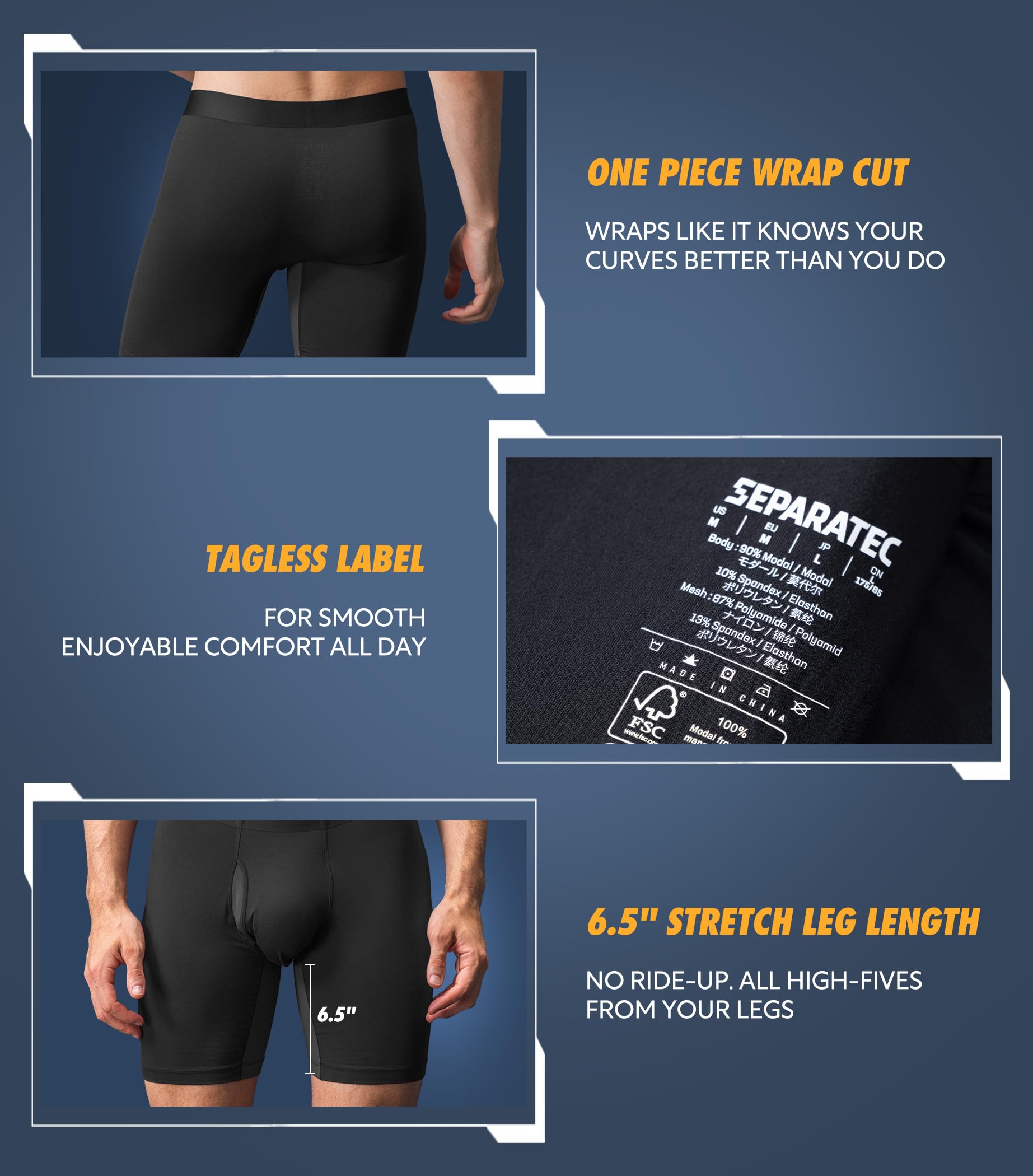 Separatec Herren-Unterwäsche mit separatem Beutel, Micro-Modal-Boxershorts, nahtloser Bund, Unterwäsche für Herren, 4 Stück
