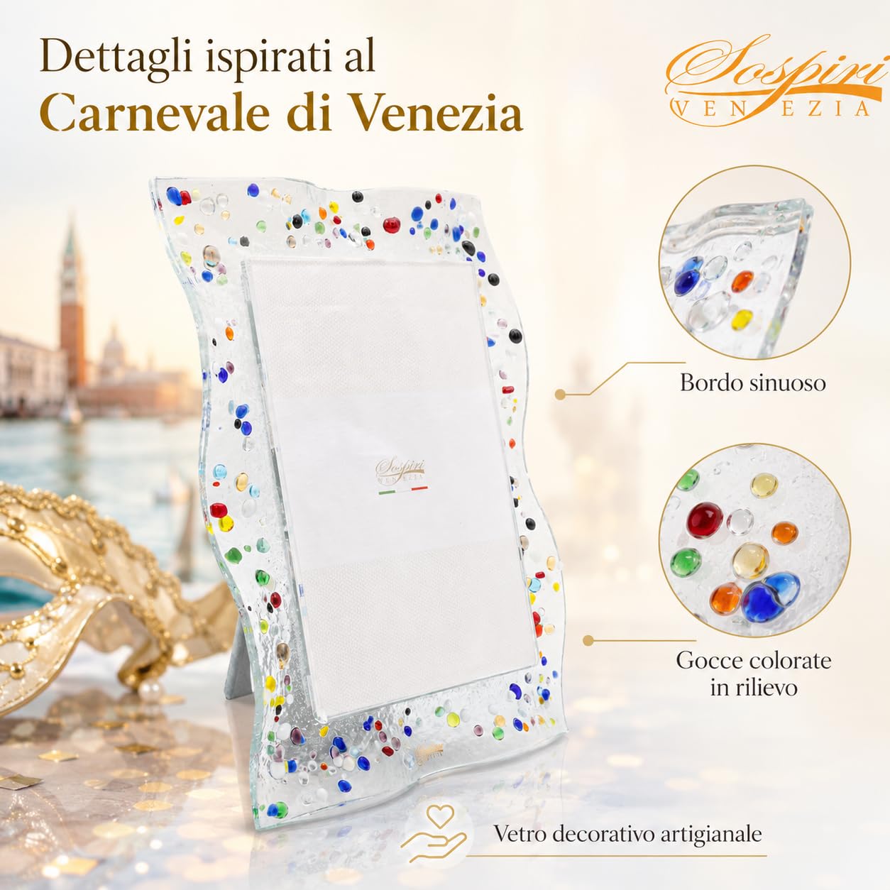 Sospiri Venezia Portafoto Vetro Murano Cornice con Supporto da Scrivania o Tavolo Foto 13x18 cm Decorato a Mano Soprammobile Casa Idea Regalo per Cerimonia Bomboniera (19X25 cm)