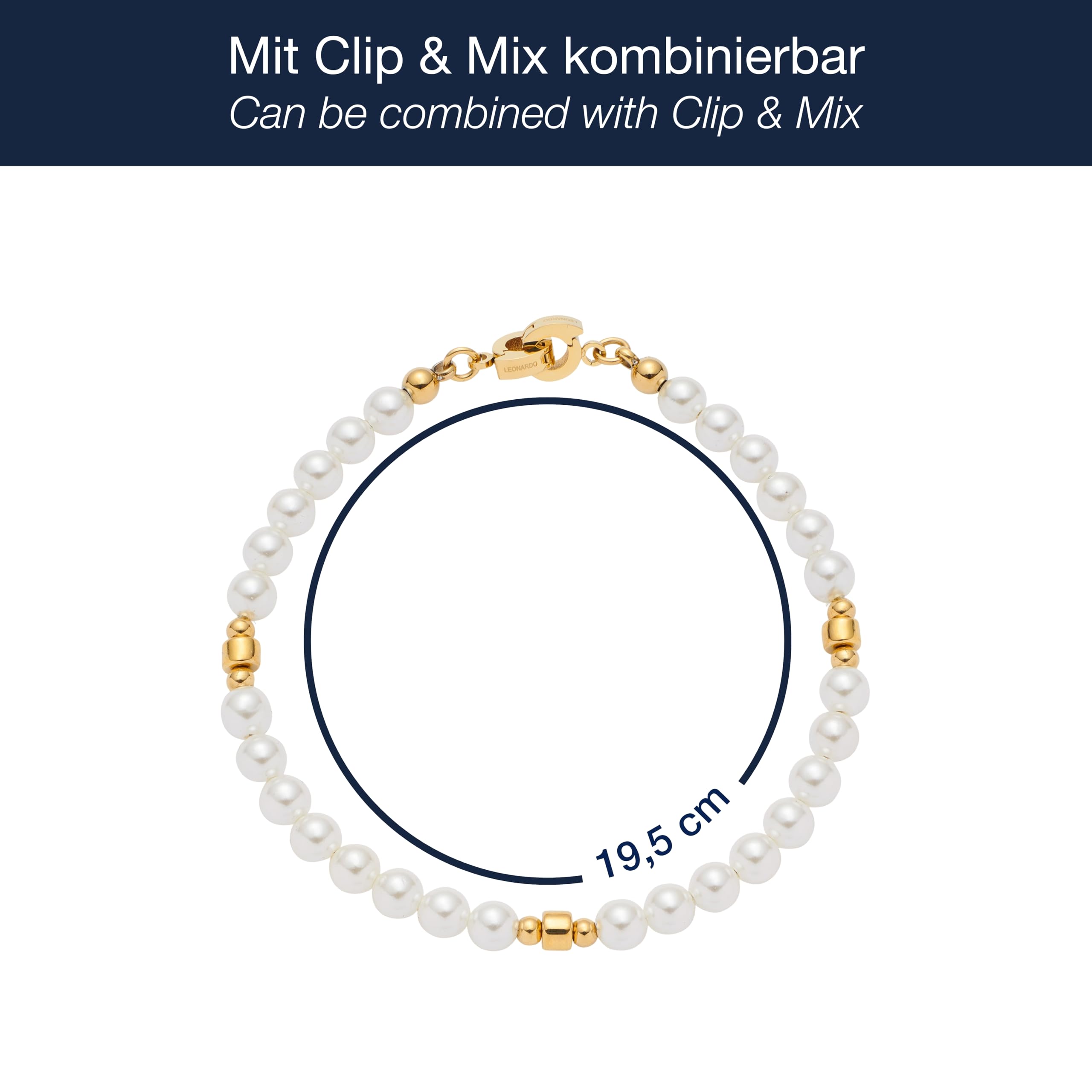 Jewels BY Leonardo Bracciale Clip & Mix Christa, Bracciale in Acciaio Inox Dorato, Perle imitazioni Bianche con Elementi Dorati, Lunghezza 19,5 cm, Regalo per Donne, 025568