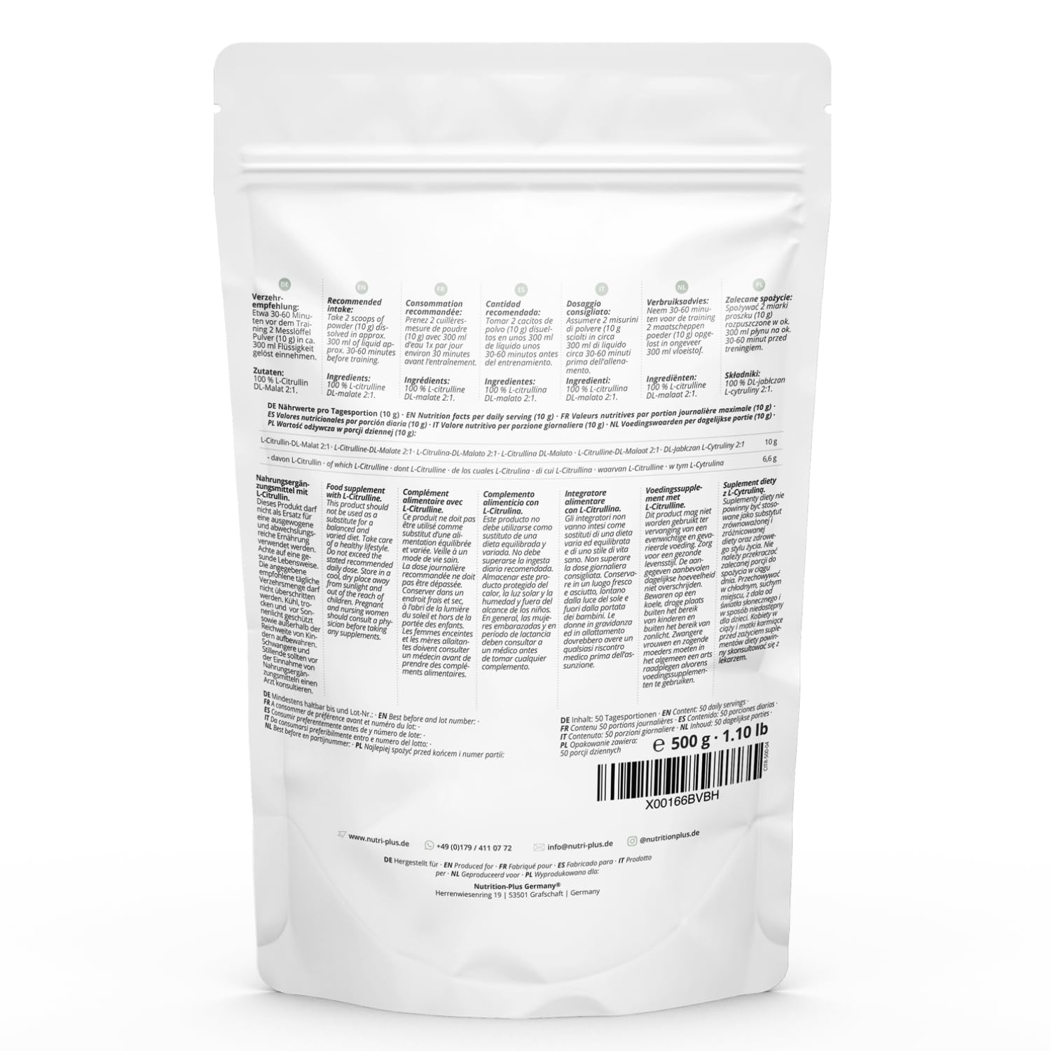 Nutri + L-Citrullina Malato in Polvere 500g - altamente dosata + vegan + pura - Booster per Bodybuilding e Fitness - L-Citrulline Malate DL 2:1 in Polvere - Qualità premium da Fermentazione vegetale