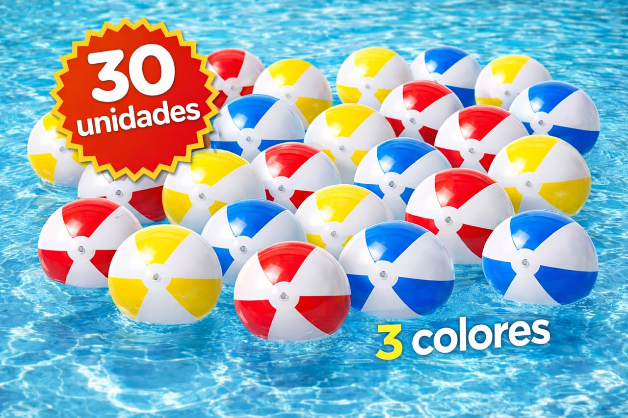 30 Balones - Pelota de Playa 28cm de PVC, Pelota Hinchable Juguetes inflables Pelota de Playa Colores de Verano, Adultos Playa, Fiesta de Piscina, Actividades , surtido 3 colores, Azul-Rojo-Amarillo.