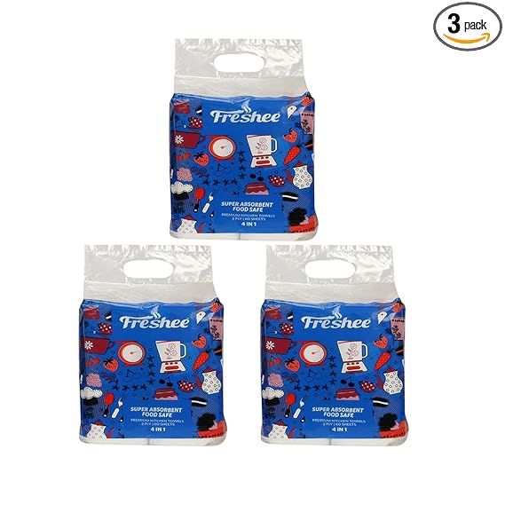Freshee 60 Sheet 4 In 1 Kitchen Towel Tissue Paper Pack Of 3, Hygienic Fresh Environment Friendly Water Dissolvable Disposable Dry Tissue Roll Made With 100% Virgin Fibre
