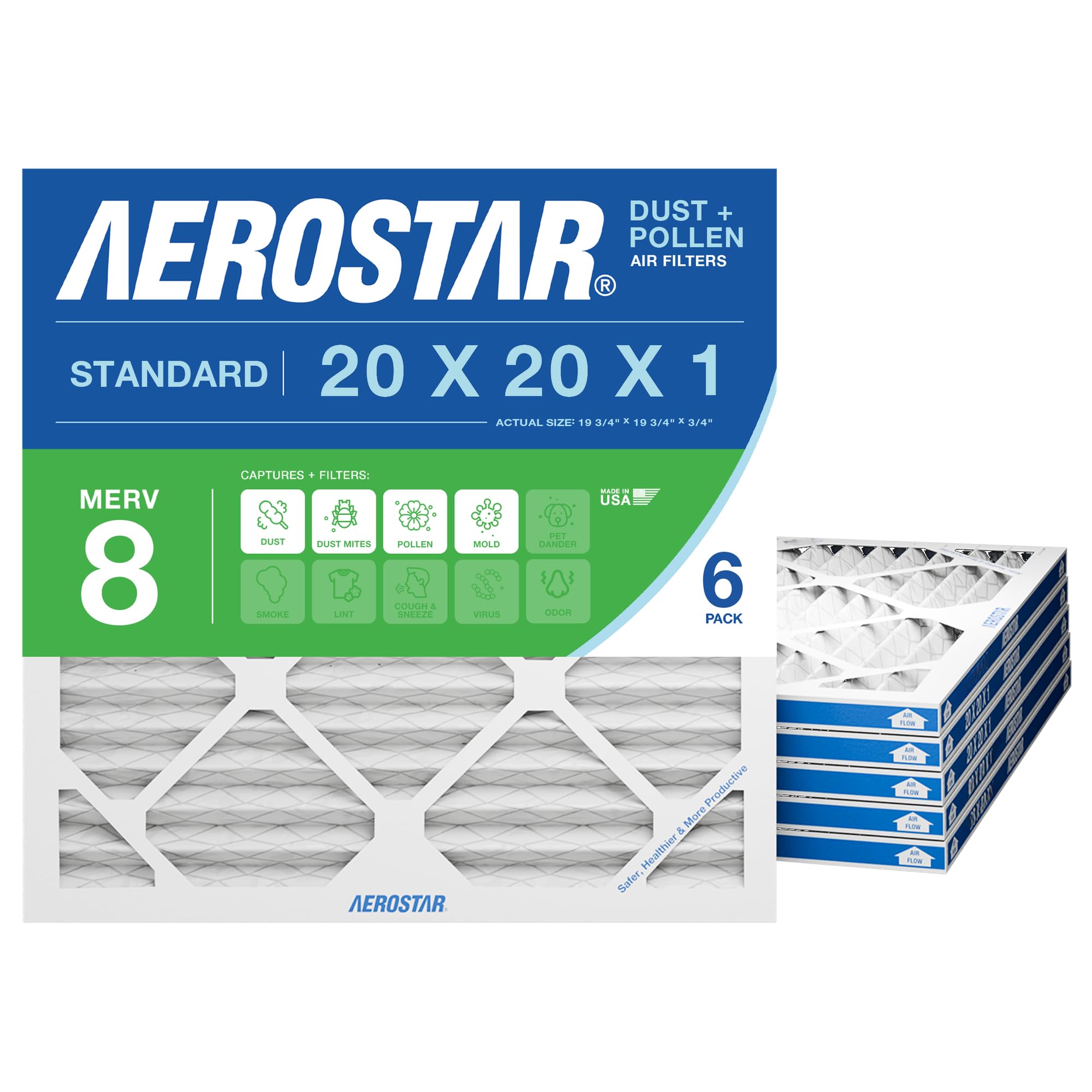Aerostar 20x20x1 MERV 8 Air Filter, 6 Count, ACTUAL SIZE (19.75 x 19.75 x 0.75), HVAC, Air Conditioning & Furnace Filter Captures Dust, Lint & Pollen (MPR 600 / FPR 5), Made in USA