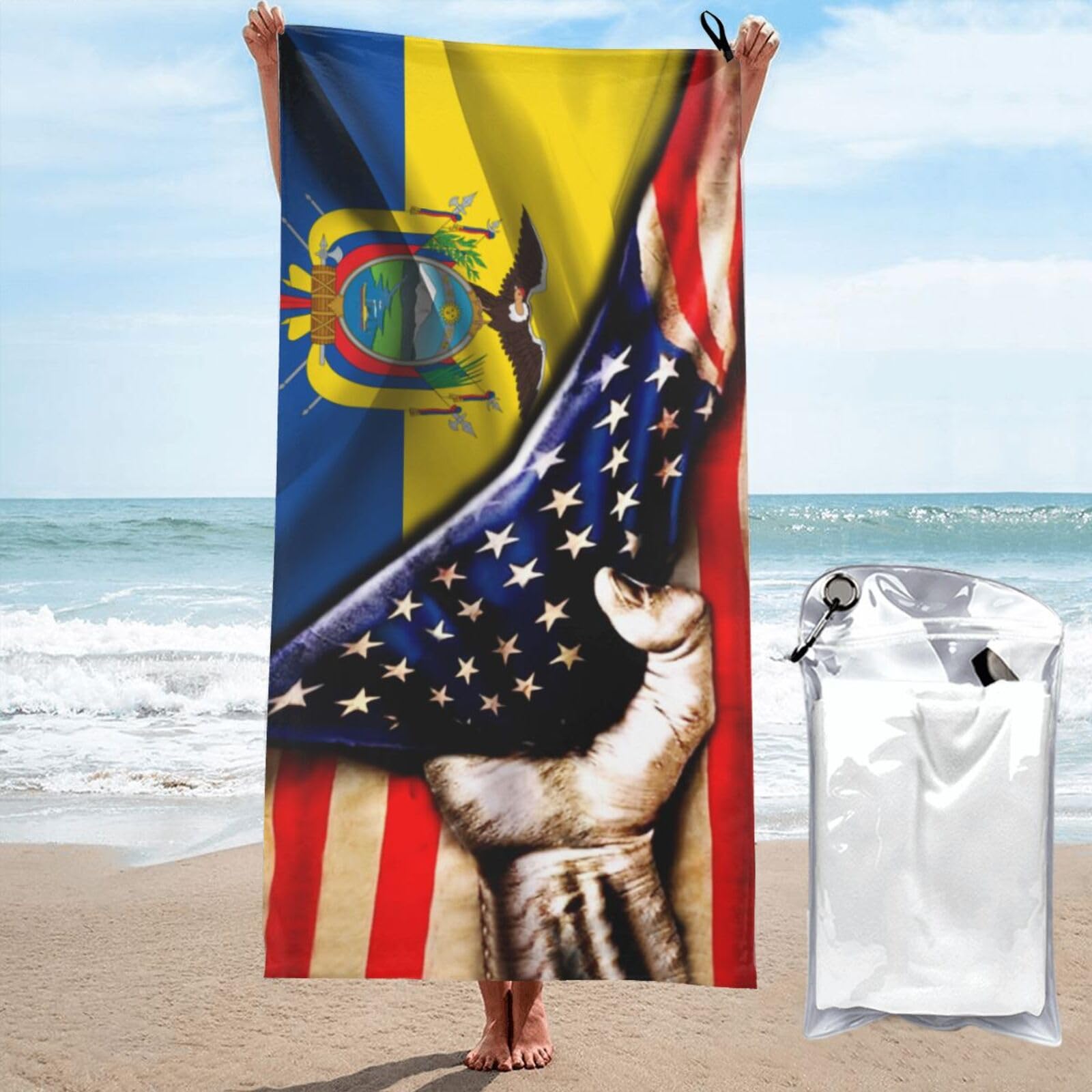 HACXZ Microfiber Beach Towel America Flag and Ecuador Flag Large Camping Towel Bathroom Beach Towels