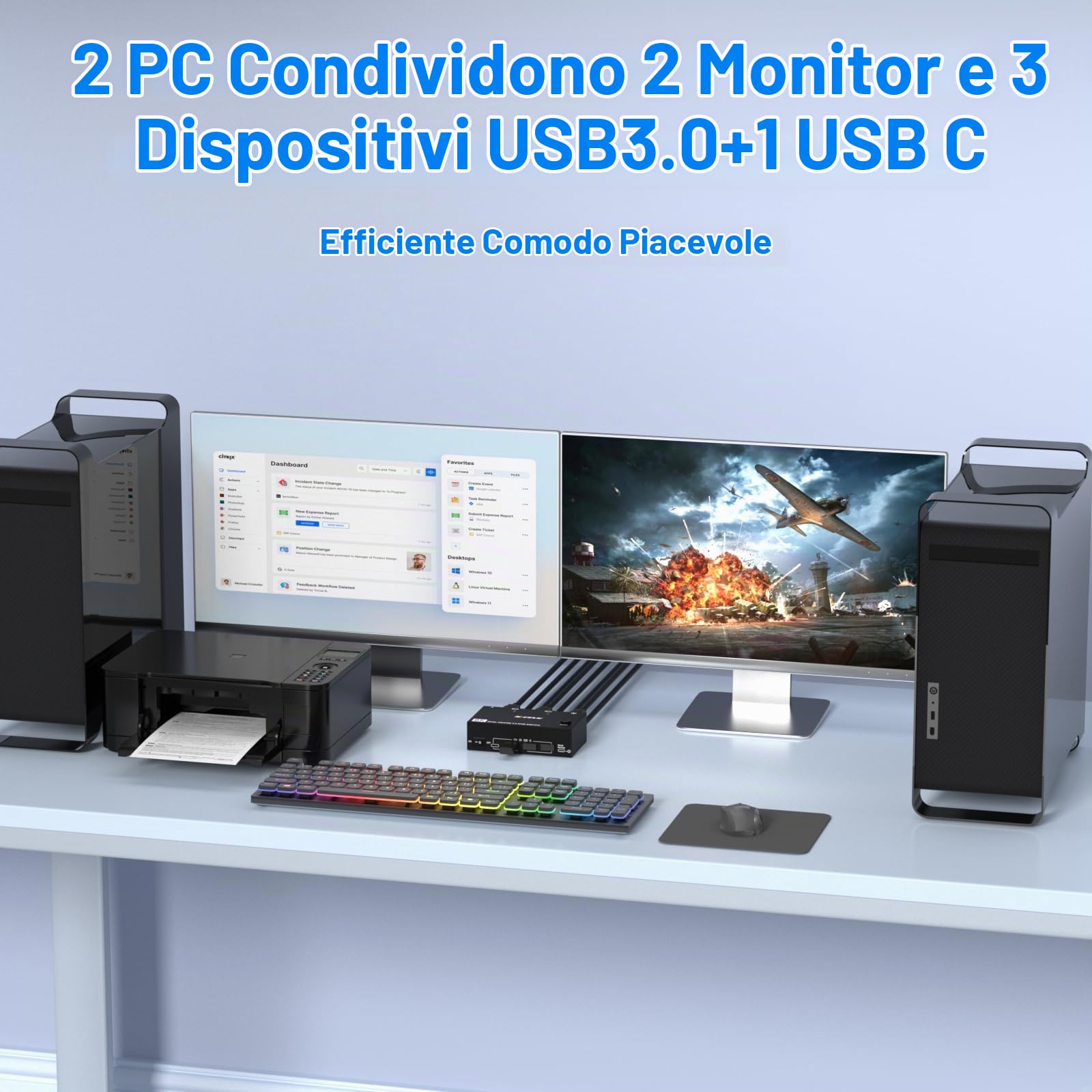 Switch KVM HDMI per 2 computer e 2 monitor, 8K@60Hz/4K@120Hz Dual Monitor KVM Switch per 2 PC, per la condivisione di 2 monitor e dispositivi USB 3.0, con cavi USB, controller e alimentatore di rete