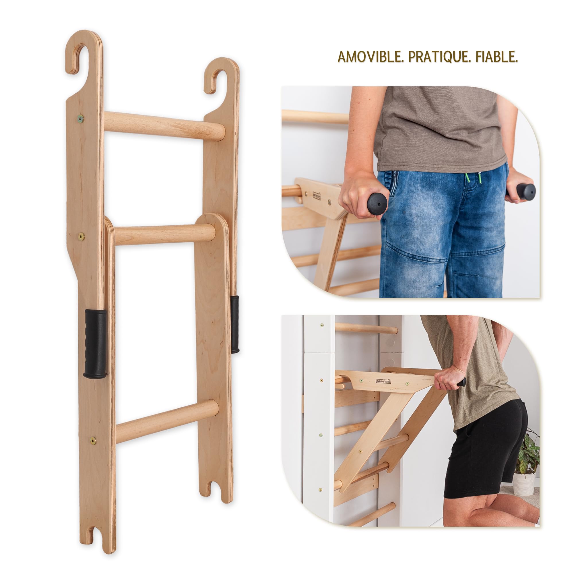 Parete a pioli in legno con barra per trazioni e parallele (pieghevole) - Struttura per arrampicata interna per bambini e adulti - Parete da ginnastica fino a 150 kg, scala da parete per