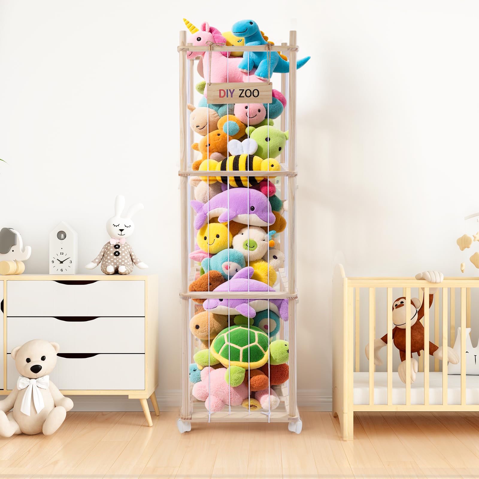 Caja de Almacenamiento para Peluches, 138x41x41cm de Madera Maciza con Ruedas Giratorias Bloqueables de 360°, Ideal para Habitaciones de Bebés, Salas de Estar, Dormitorios y Habitaciones Infant