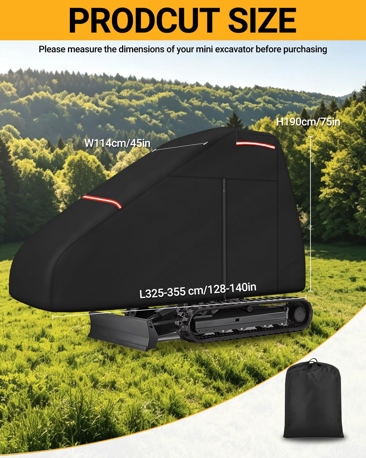 Bâche pour Micro-Pelle et Pelleteuse Housse Extérieur pour Mini Pelle avec Fermeture Étanche et Bande Réfléchissante Fermoir Coupe Vent Protection Contre la Pluie et UV 355 x 114 x 190 cm