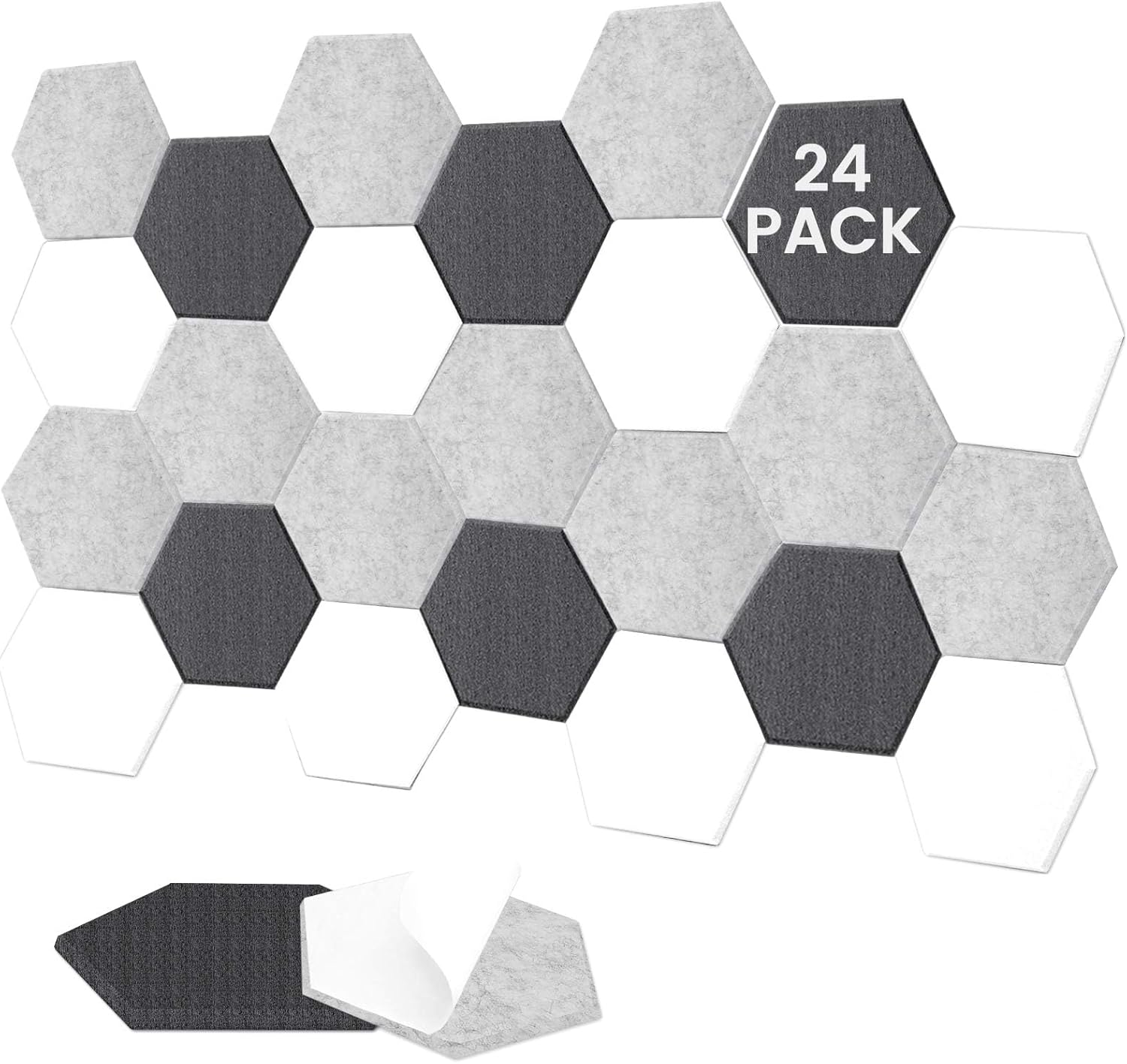 24 Pack Hexagon Panel, 12"X10"X 0.4"Black, White and Gray Hexagon Self Adhesive Soundproof Wall Panels, High-Density Sound Absorbing Panels, Acoustic Treatment Panels