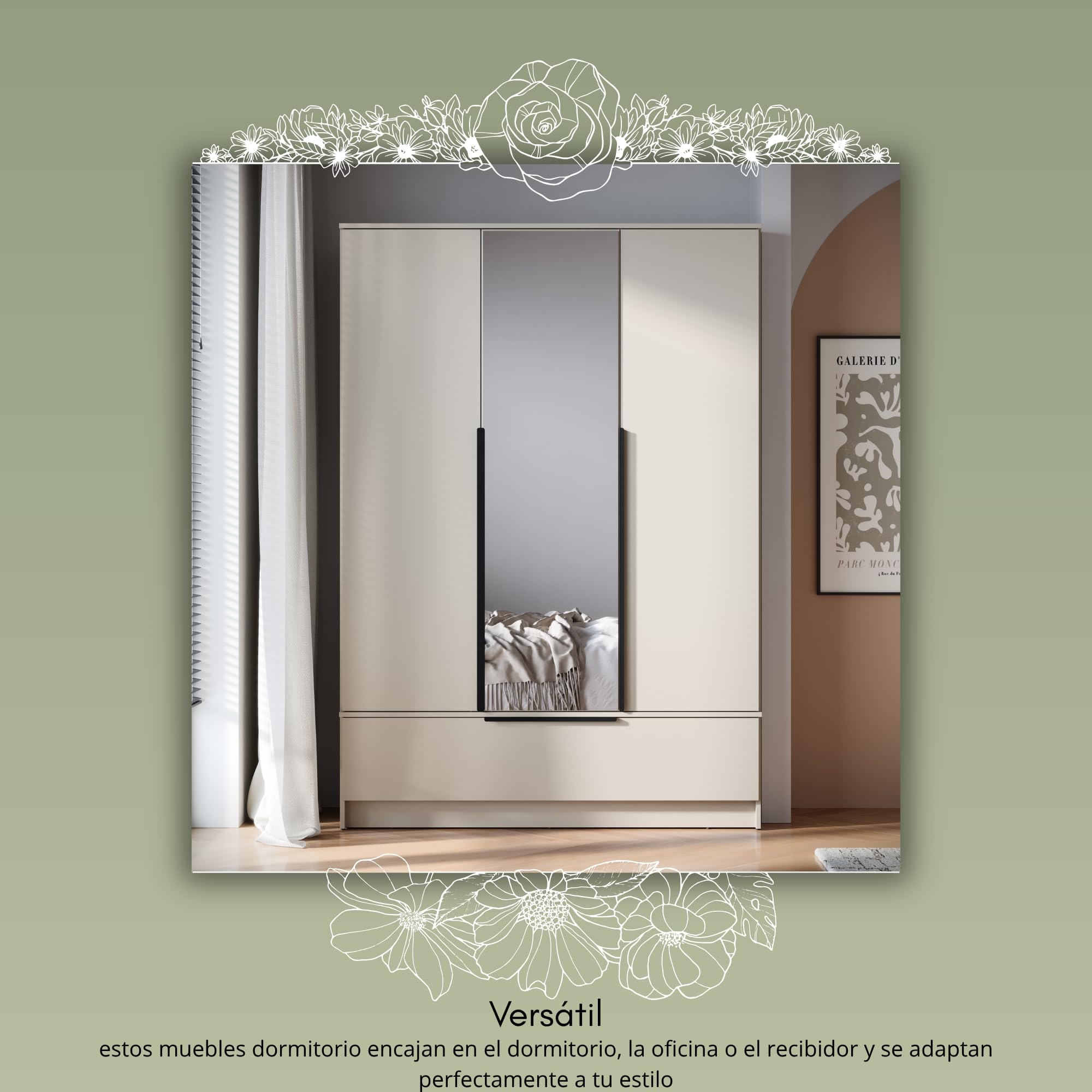 Armarios Dormitorio Alto de 3 Puertas Spirit - Largo de 193 x 135 cm - Armario Ropero para el Salón, la Habitación - Roperos de Dormitorio con Espejo