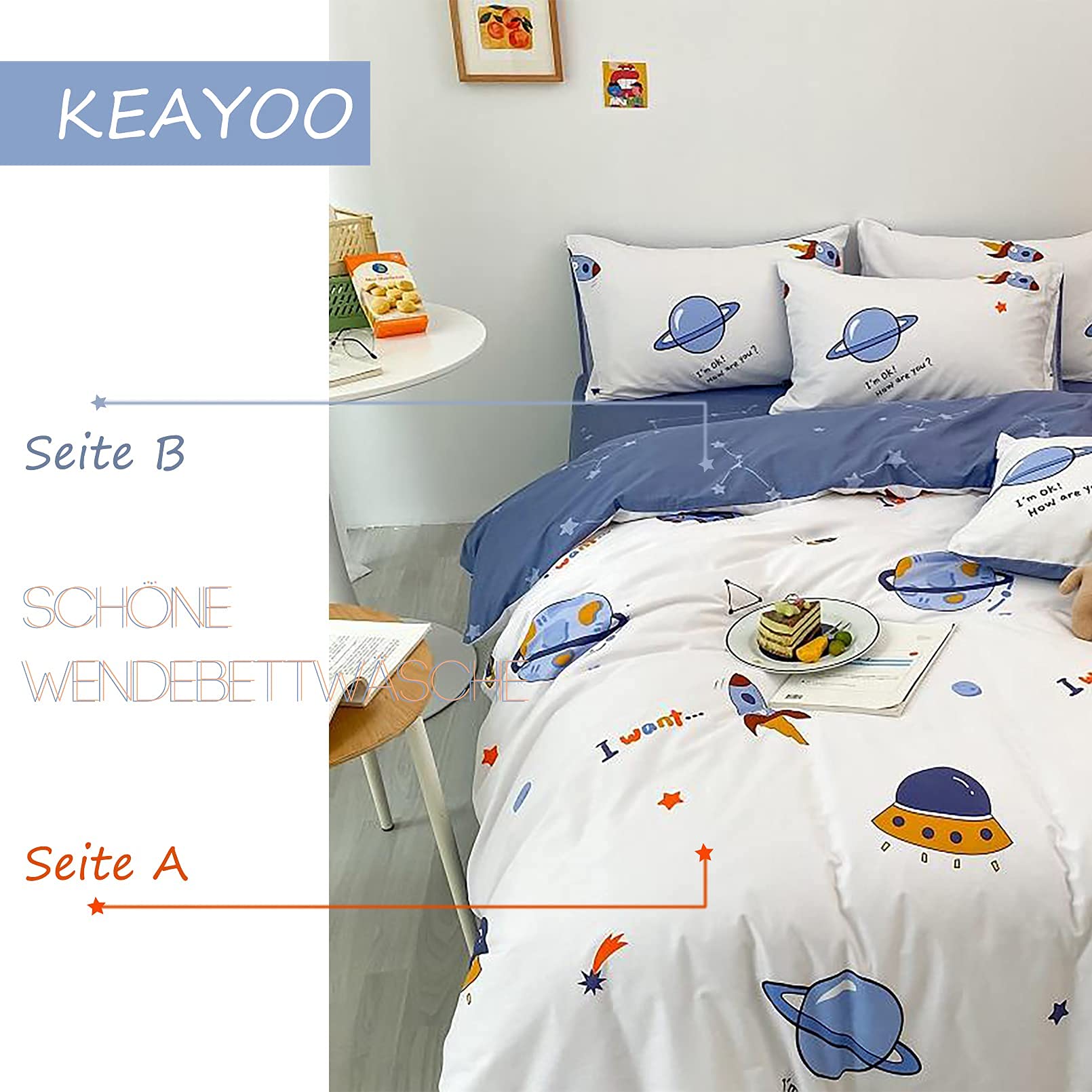 KEAYOO Kinderbettwäsche 135x200 für Jungen und Mädchen Baumwolle Weltraumreisen Thema Besttwäsche mit Süß Muster und Reißverschluss Bettwäsche 135x200cm+80x80cm 2tlg