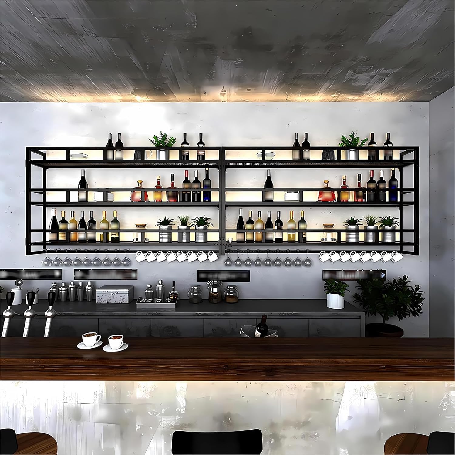 Botellero de Pared con portavasos, Estantería de Hierro de 3 Plantas, Estante de Botellas de Pared, Soporte Flotante para exhibición de Vino, para el hogar, Restaurante, Bares (Negro, 100cm)