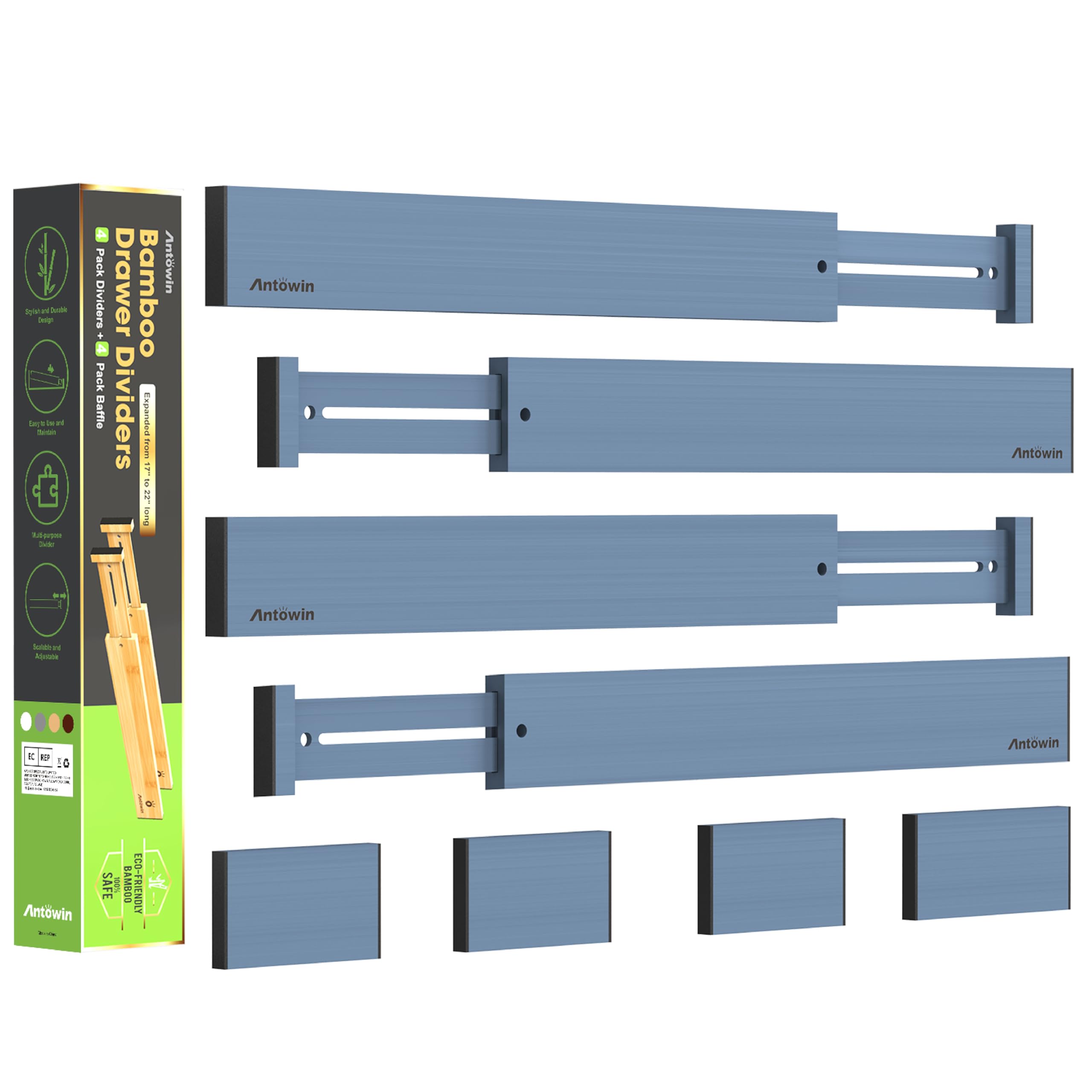 ANTOWIN Bamboo Drawer Dividers, Expandable Drawer Separators Splitter,17-22 inches Long Adjustable Spring-loaded Organizer for Large Utensil, Clothes, Tools Drawers