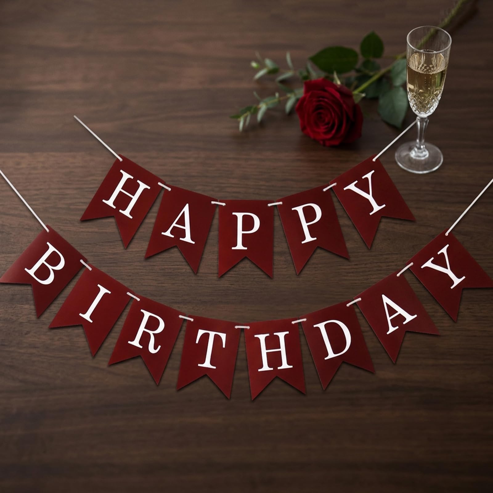 Burgundy Birthday Banner - Elegant Triangle Pennant for Party Decor, Maroon Red Happy Birthday Sign for Adult Celebration, Home Decoration