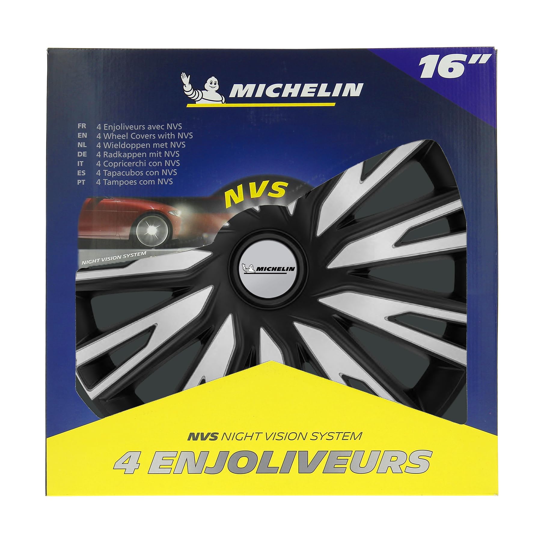 Michelin 4 Copricerchi Auto Argento & Nero 16 pollici - Sistema NVS Night Vision Security - Universali Fissaggio Facile