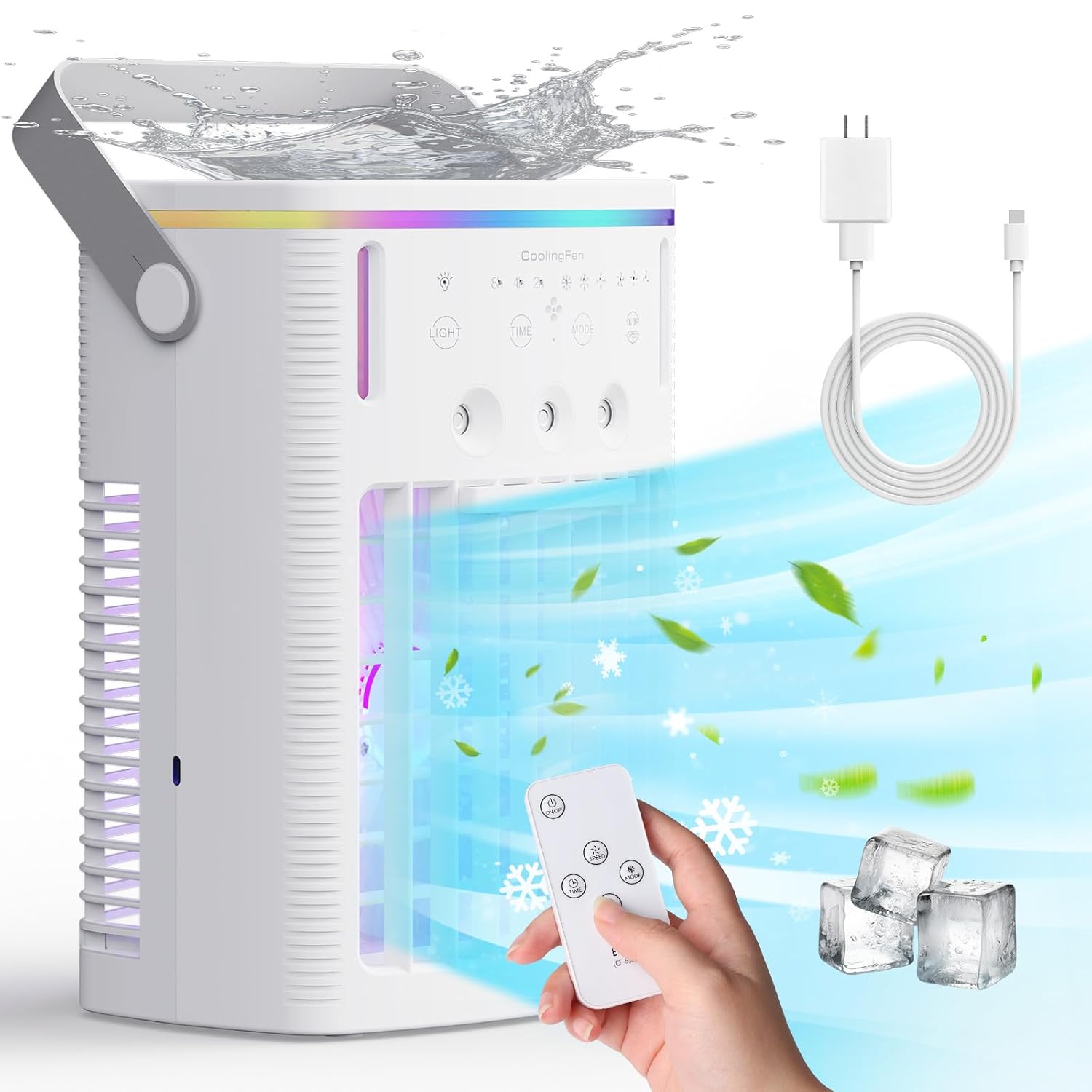 Portable Air Conditioners 3-Speed Small AC Fan Portable Air Cooler with Remote Timer function 7-Color Night light 3-Level