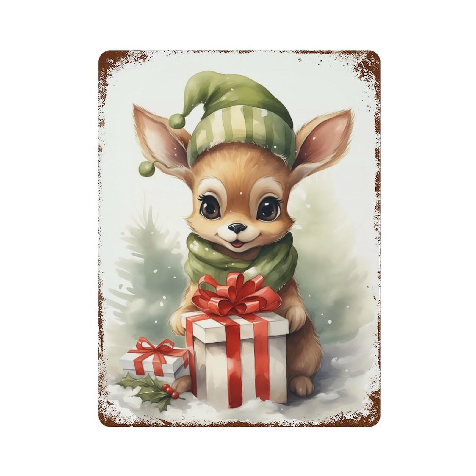 Rust Effect Merry Tiny Deer Xmas Vintage Rust Metal Sign 15.7"x11.8", Classic Wall Plaque for Shed, Workshop And Garage Wall Decor