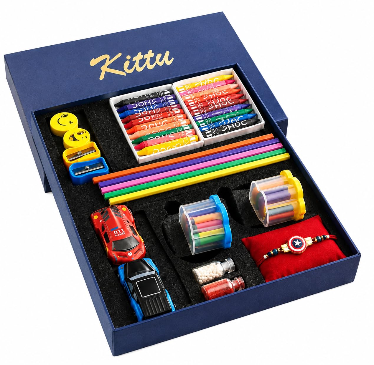 Kittu Premium Kids Rakhi Gift Hamper for Brother | Capton Amerca Rakhi with Crayons, Color Pencils, Toy Cars, Sharpeners, Mini Crayon Sets, Roli Chawal & Luxury Gift Box | Raksha Bandhan Gift for Boy-image-19