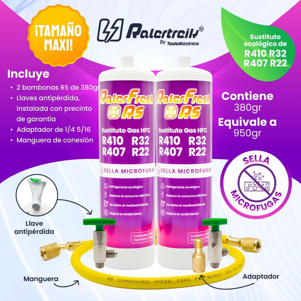 Organisches Kühlgas für Klimaanlagen Split Ralerfresh RS entspricht 950 g Gasersatz R410, R32, R407 und R22 (2 Flaschen + Schlüssel + Adapter + Schlauch)