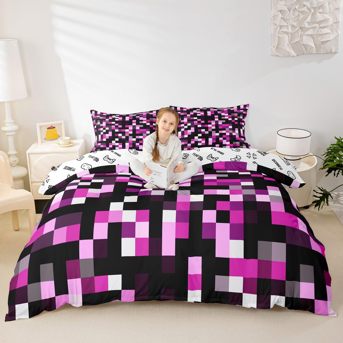 Manfei Miners Gaming Duvet Cover Set Single Size,Purple Pixelated Bedding Sets 2Pcs for Kids Girls Boys Adult Room Decor,Geometric Plaid Comforter Cover Modern Cool Quilt Cover,1 Pillowcase