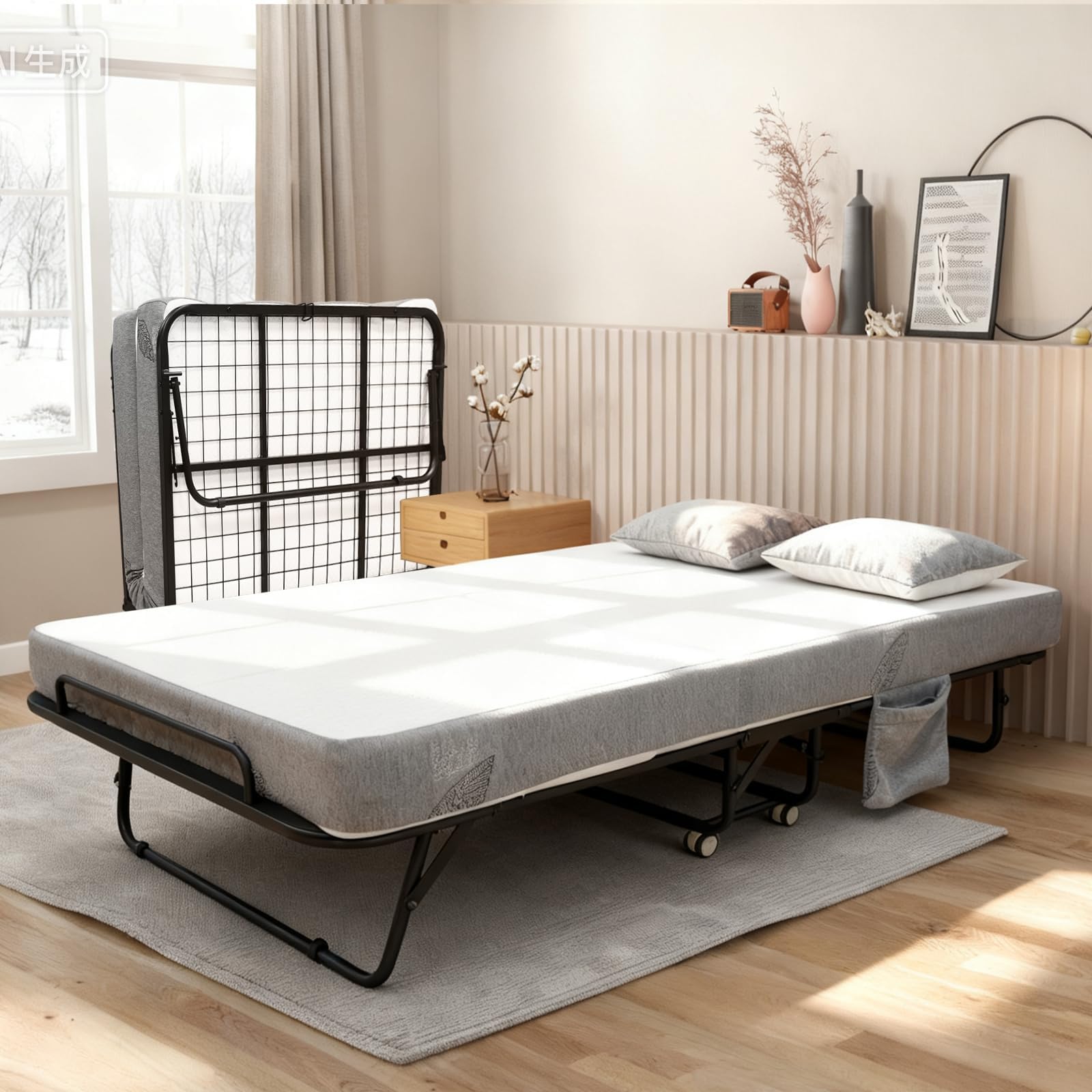 Garvee Feldbett mit Matratze Klappbar 190x114cm Gästebett Erwachsene | 15 cm Memory-Schaum-Matratze, Stahlrahmen 204 kg, 4 Rollen, faltbar und platzsparend, für Gäste, Camping, Büro, Wohnmobil