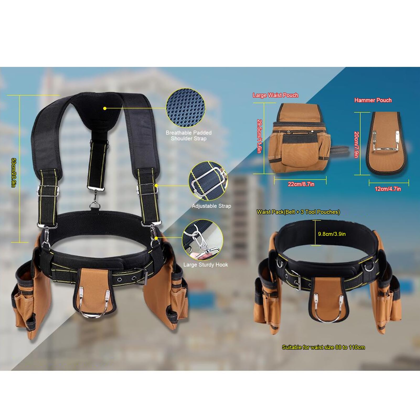 Cinturón de herramientas de construcción ajustable, bolsa de herramientas de carpintero profesional, cinturón de tela Oxford 1200D con múltiples bolsillos y soporte de cinta de