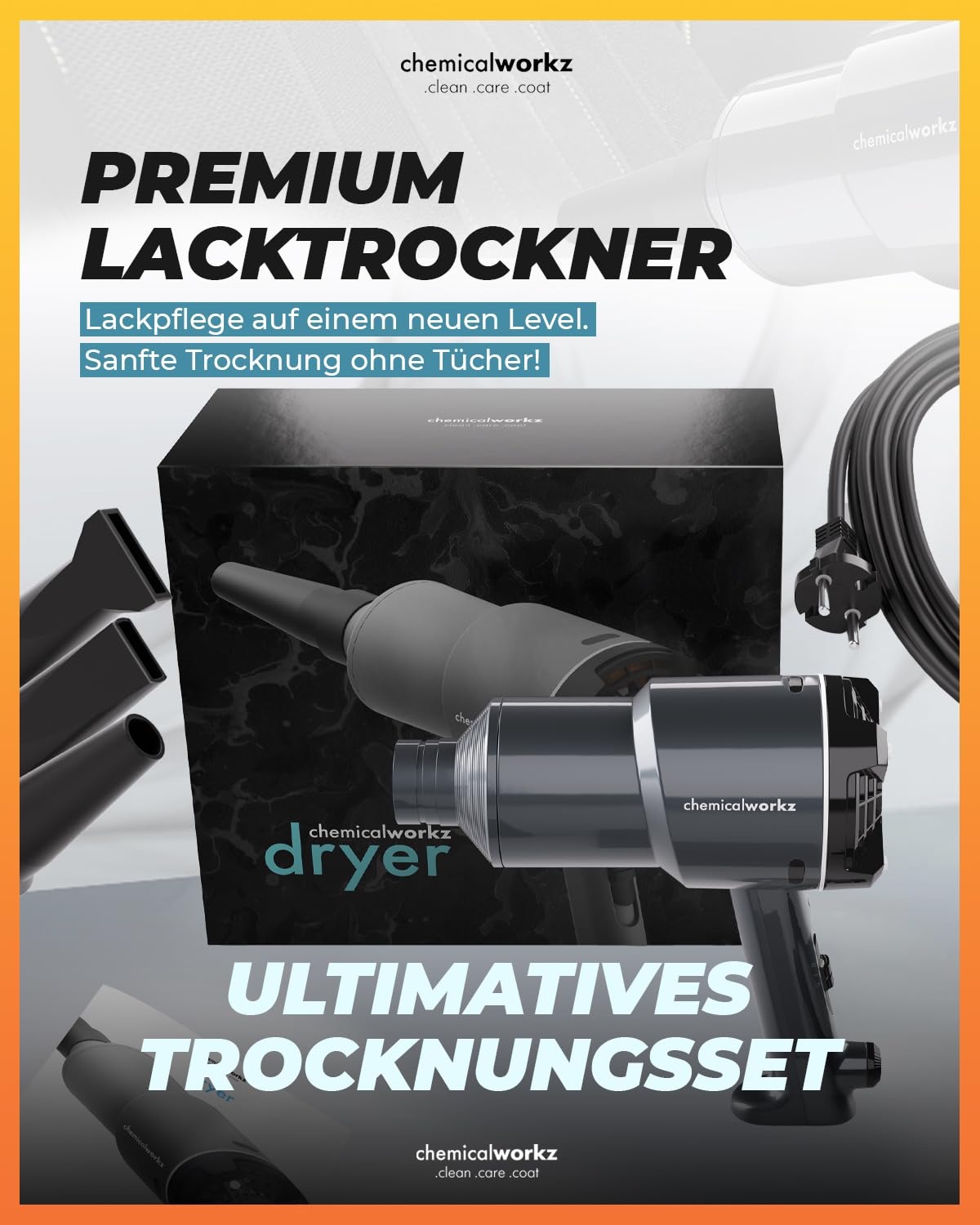 chemicalworkz Dryer 1.5PS Premium Auto Lacktrockner, 1300W Elektrische Staubgebläse, Druckluftspray, Laubbläser, Luftdruckspray, Druckluft Compressed Air Duster, Reinigungsset für Auto, Haus & Garten