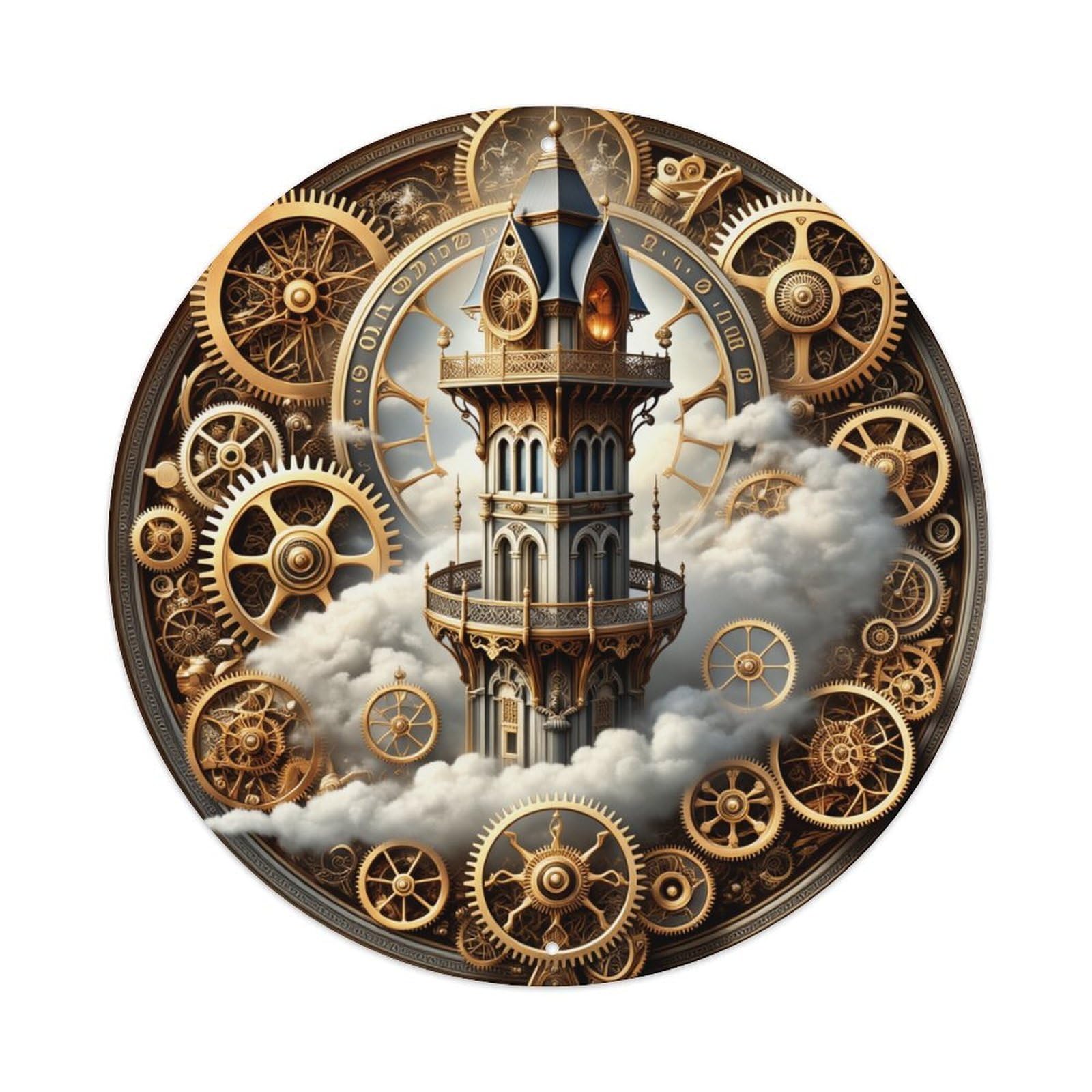 Steampunk Tower Clouds Gears Clockwork Round Tin Sign Vintage Metal Sign Home Bar Garden Indoor & Outdoor Wall Decor Retro Metal Poster 8x8 Inch