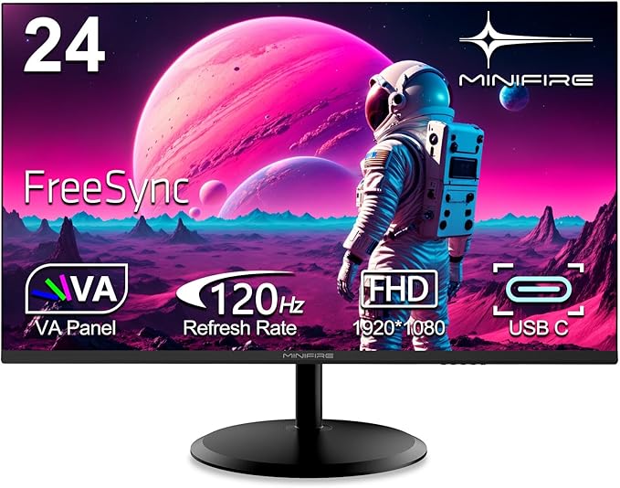 Minifire Écran PC 24 Pouces, VA, FHD (1920x1080), 120Hz, sRGB 110%, Protection des Yeux, Design Ultra-Fin, Ports USB-C & HDMI 1.4, Inclinaison Réglable, Montage VESA(MF24X3AC)