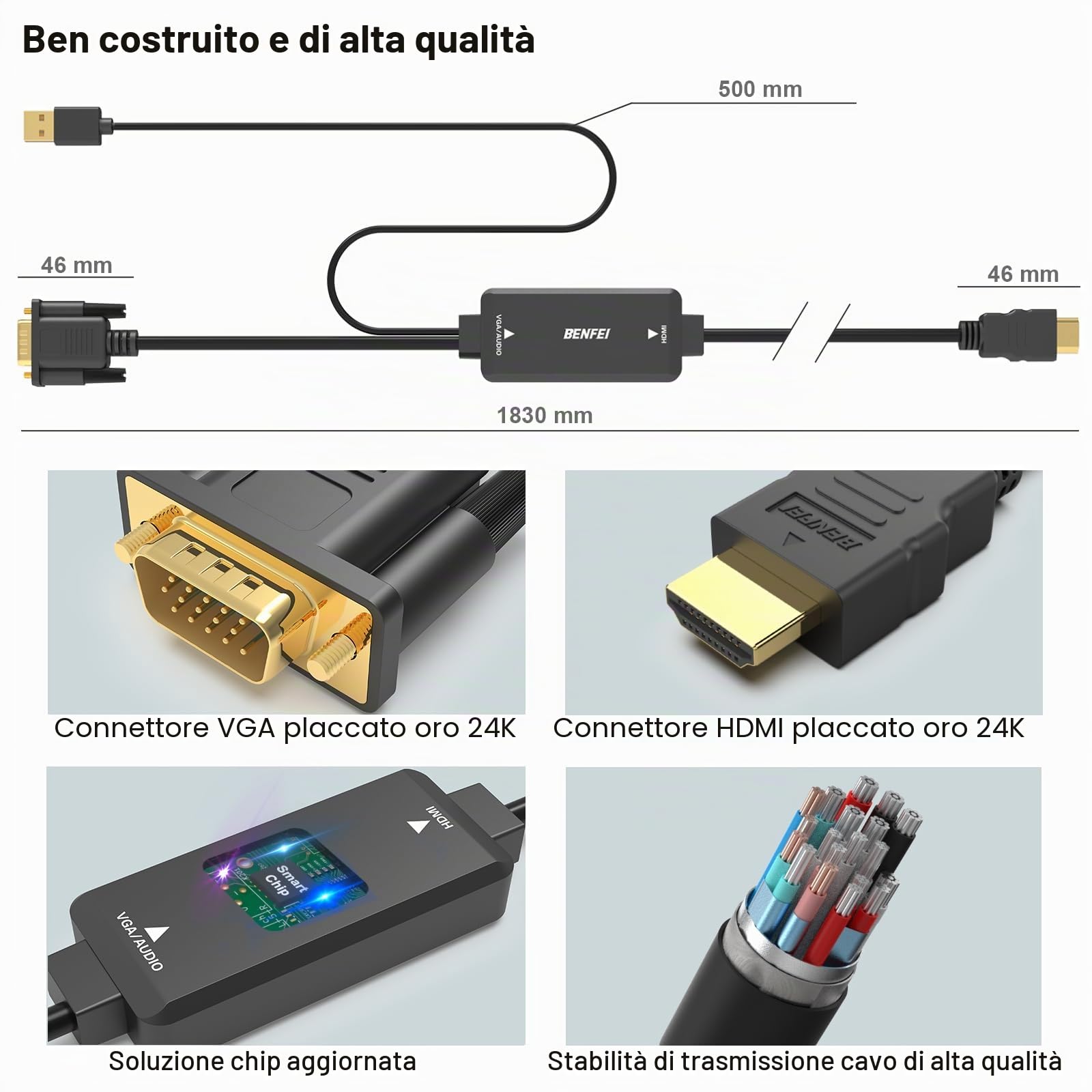 BENFEI Cavo VGA a HDMI con audio, 1,8M 1080P cavo da VGA computer/laptop a HDMI monitor/TV (non bidirezionale)