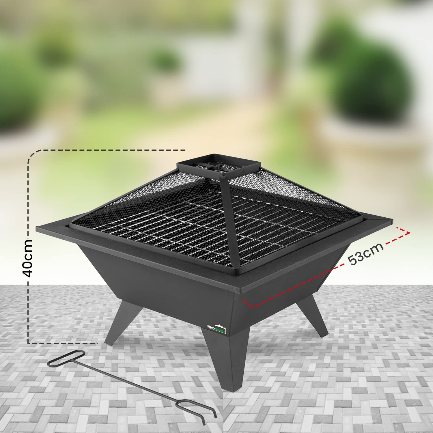 MaxxGarden Braciere da Esterno - Ciotola di Fuoco con Griglia per il Giardino - 53x53 cm - Colore Nero