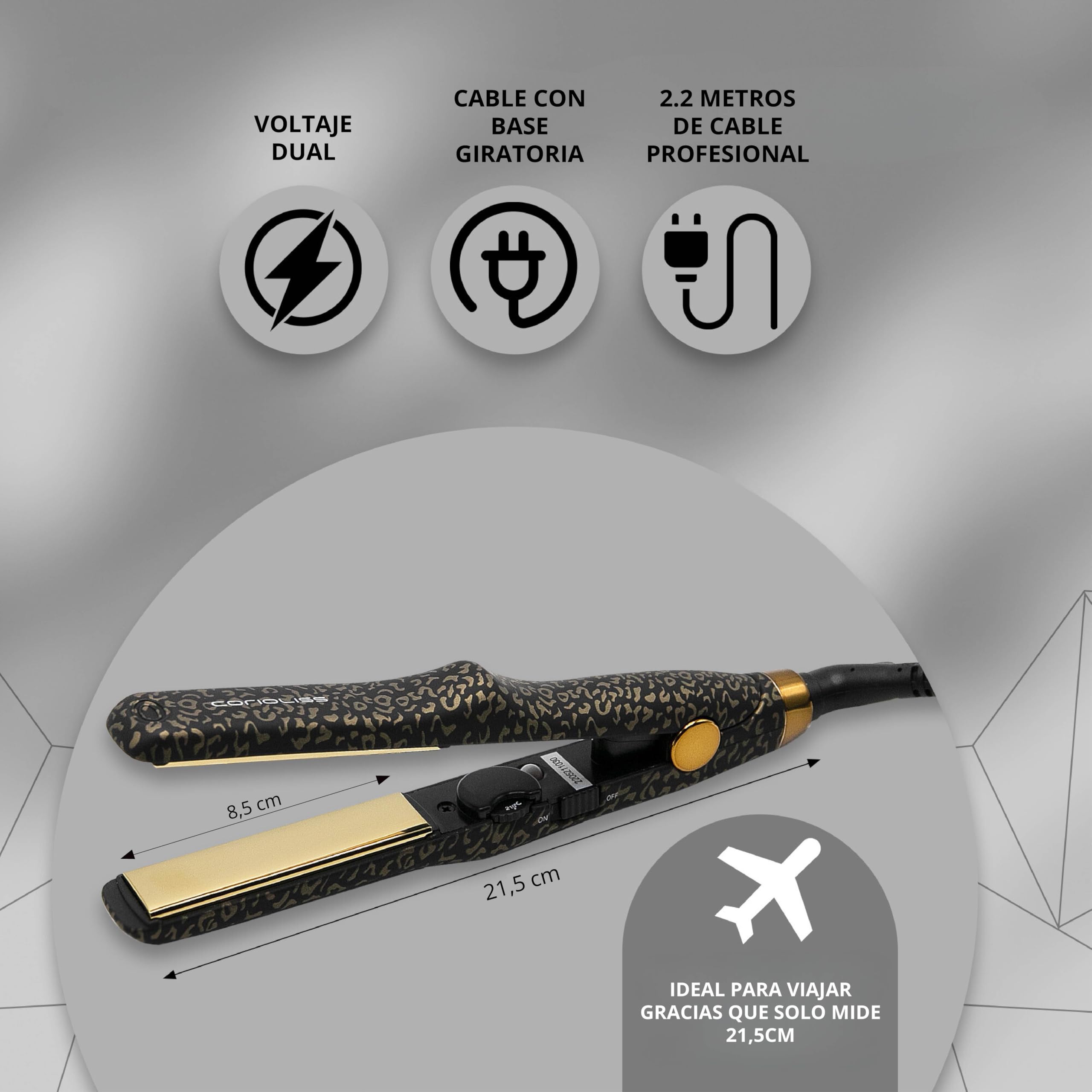 Corioliss C Trip Mini Plancha Pelo Viaje | Placas de Titanio | Pelo Corto | Control de temperatura 150º-200º Leopard Gold