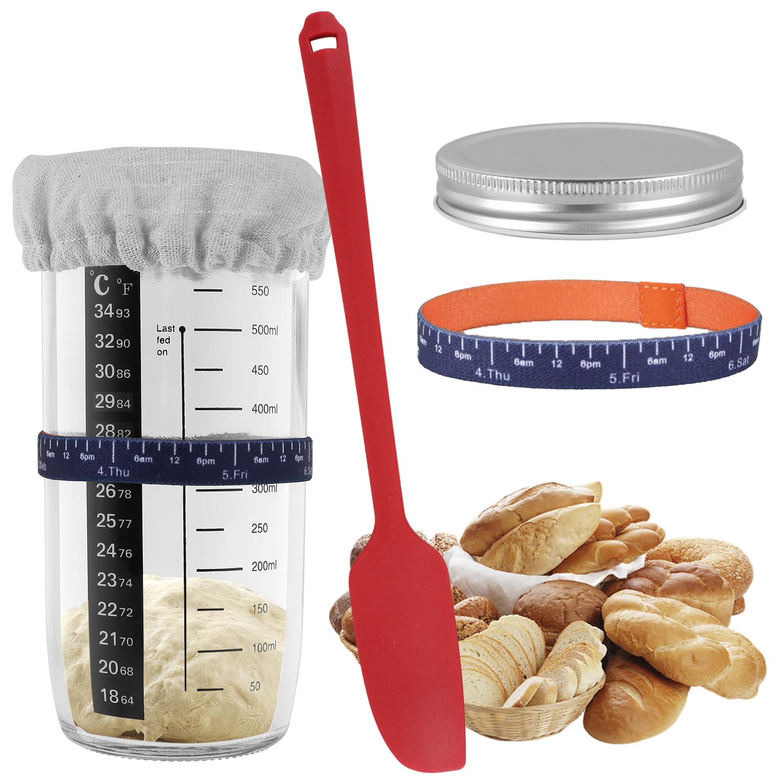 Your's Bath Sourdough Starter Jar with Lid Set 730ml Glass Round Jar with Thermometer Scraper Cloth Cover and Metal Lid Reusable Sourdough Fermentation Jars for Bread Fermentation All Types of Flour