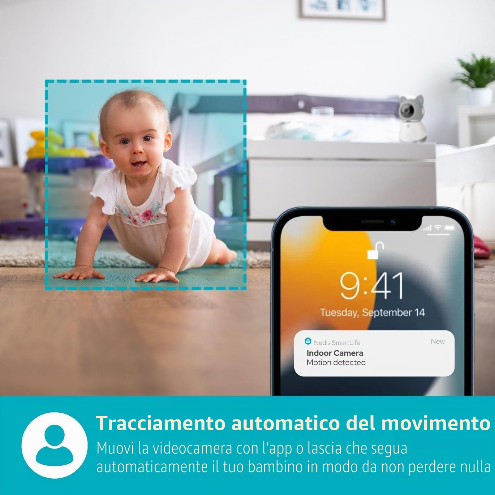 Telecamera interna SmartLife - Wi-Fi - Full HD 1080p - Controllo Pan-tilt PTZ - Cloud Storage (opzionale) / microSD (non inclusa) - Con sensore di movimento - Visione notturna - Bianco/Grigio