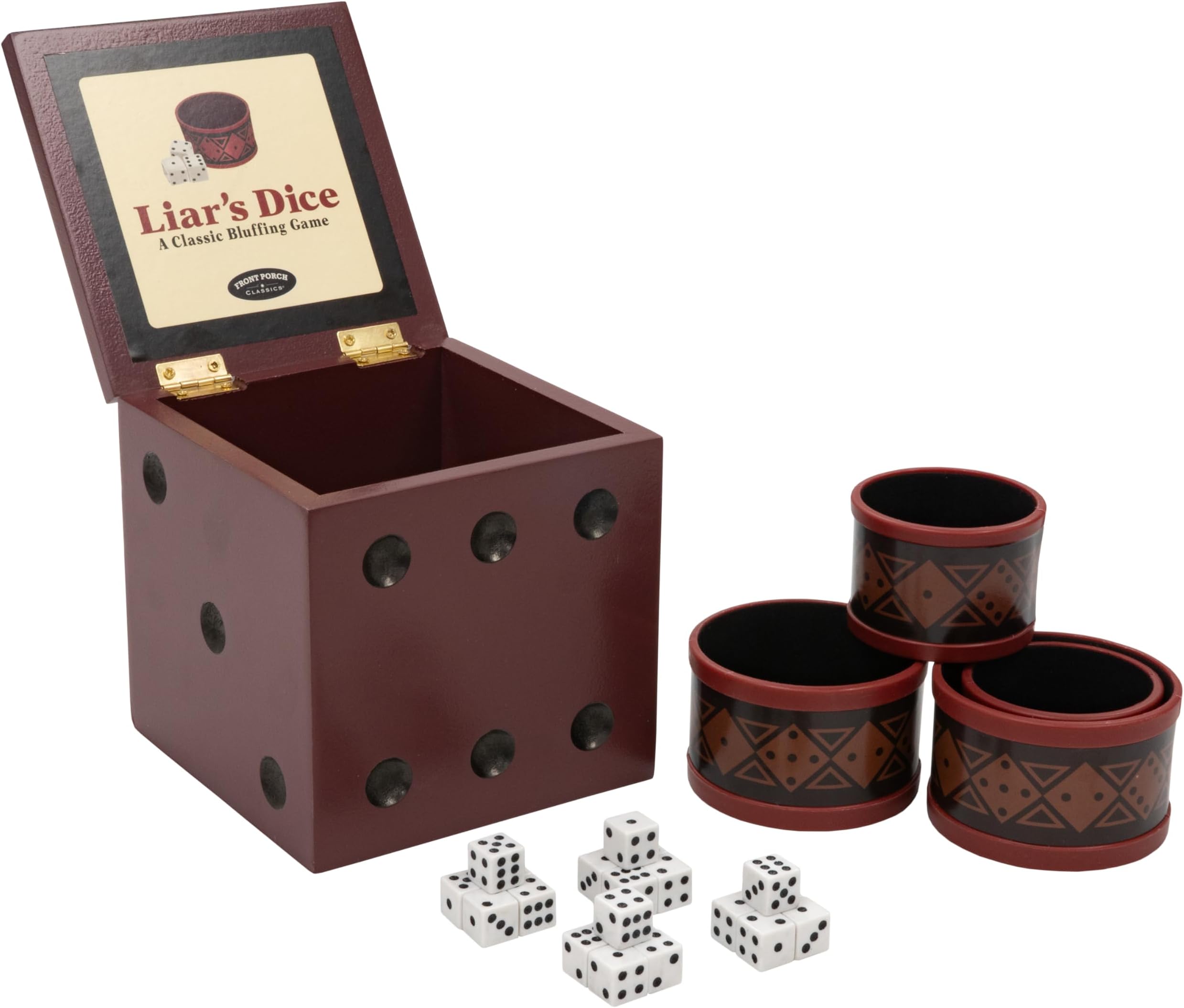 Liar's Dice Game Set - The Classic Bluffing Game for 2 to 4 Players - Includes 4 Shaker Cups, 30 Dice, Dice Storage Bag and Wood Storage Case and easy Travel.