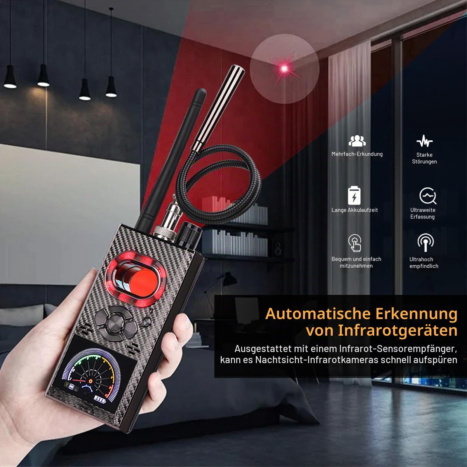 Wanzen Detektor RF Wireless,Wanzendetektor GPS Spy Finder,Versteckte Kamera Detector für GSM Tracker Abhörgeräte Funkkameras Wanzenfinder Infrarot Detector Starke magnetische Detektor