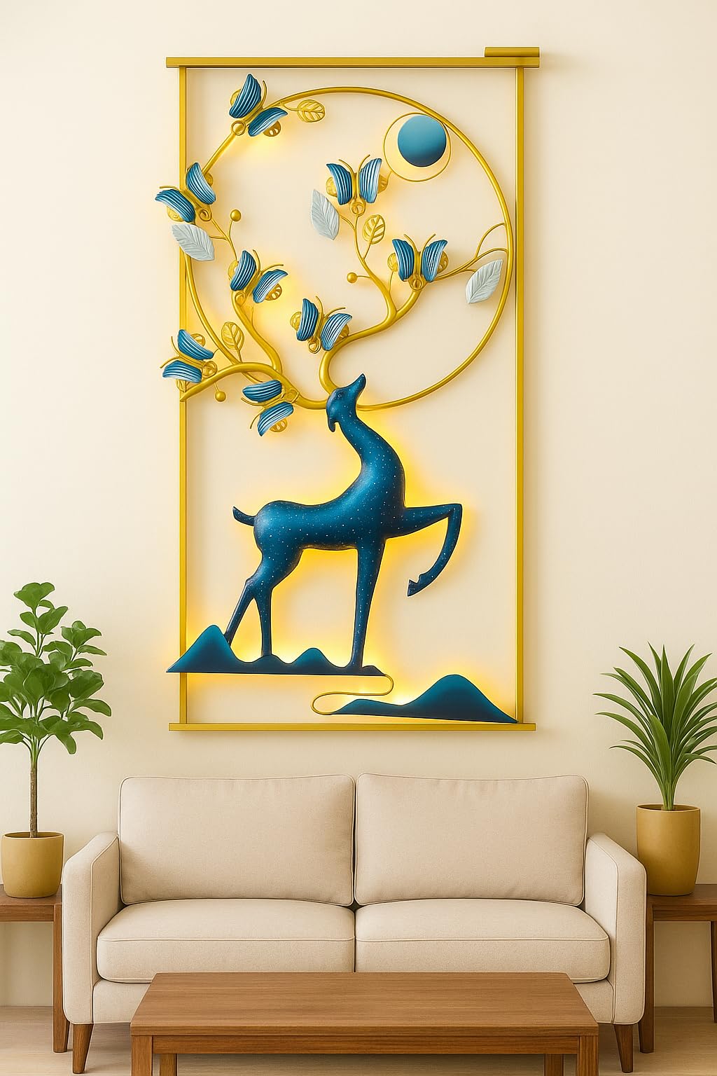 RSN Wall Art Deer And Butterfly Metal Frame with LED, Wall Sculpture for Living Room, Bedroom, Office Decoration Wall Hanging for Home Decorative-A2 1
