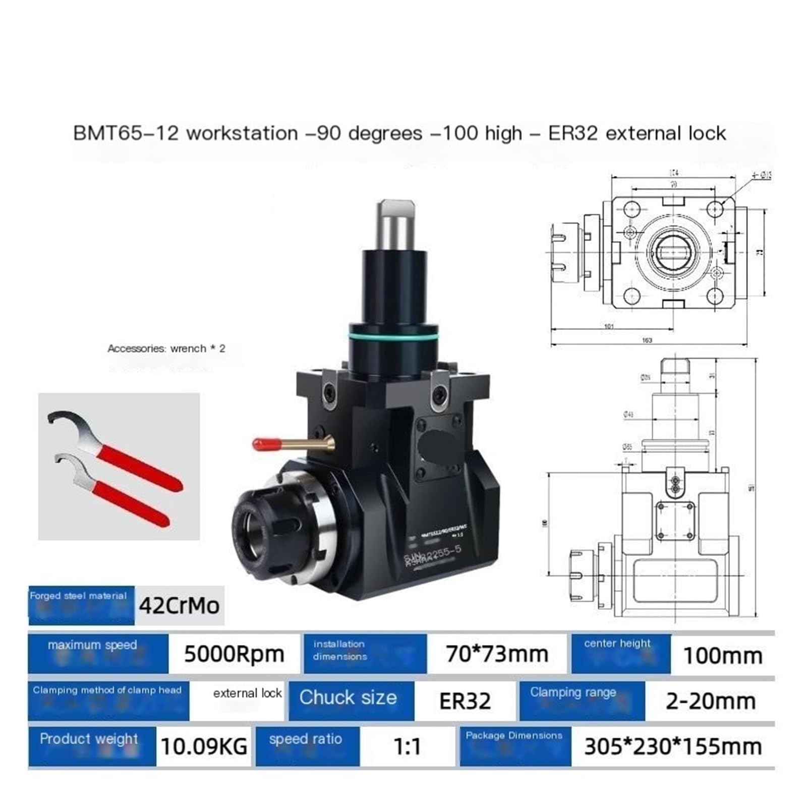 BMT40-85 0/90 Portaherramientas vivas con bloqueo exterior ER20-40 | Herramienta motorizada accionada, fresa lateral/planeadora/taladro/roscador, mango BMT,(BMT65-90Deg-12St-ER32-H100-Out)