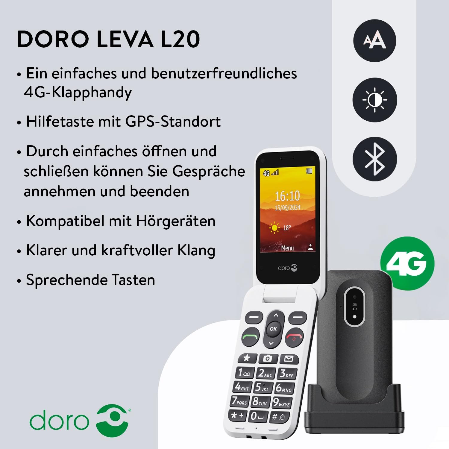 Doro Leva L20 Seniorenhandy, großes Display im Querformat – leistungsstarker HD-Sound – Kamera – Unterstützungstaste mit GPS-Ortung – Basic-Telefon ohne Internet (Schwarz & Weiß)