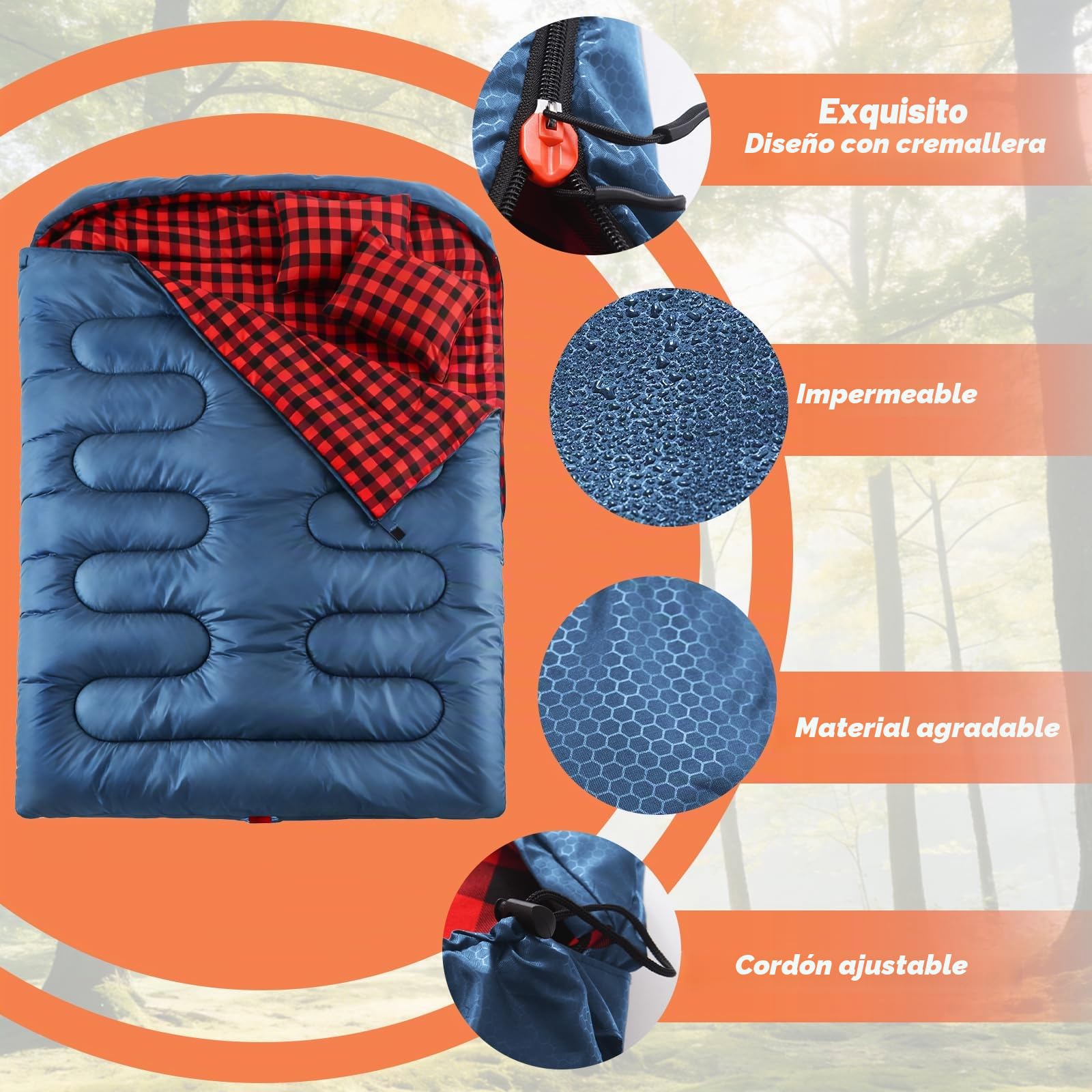 SWTMERRY Saco de dormir doble para camping para adultos, saco de dormir para 2 personas, 230 x 160 cm, con 2 almohadas para familia, exteriores, senderismo, viajes