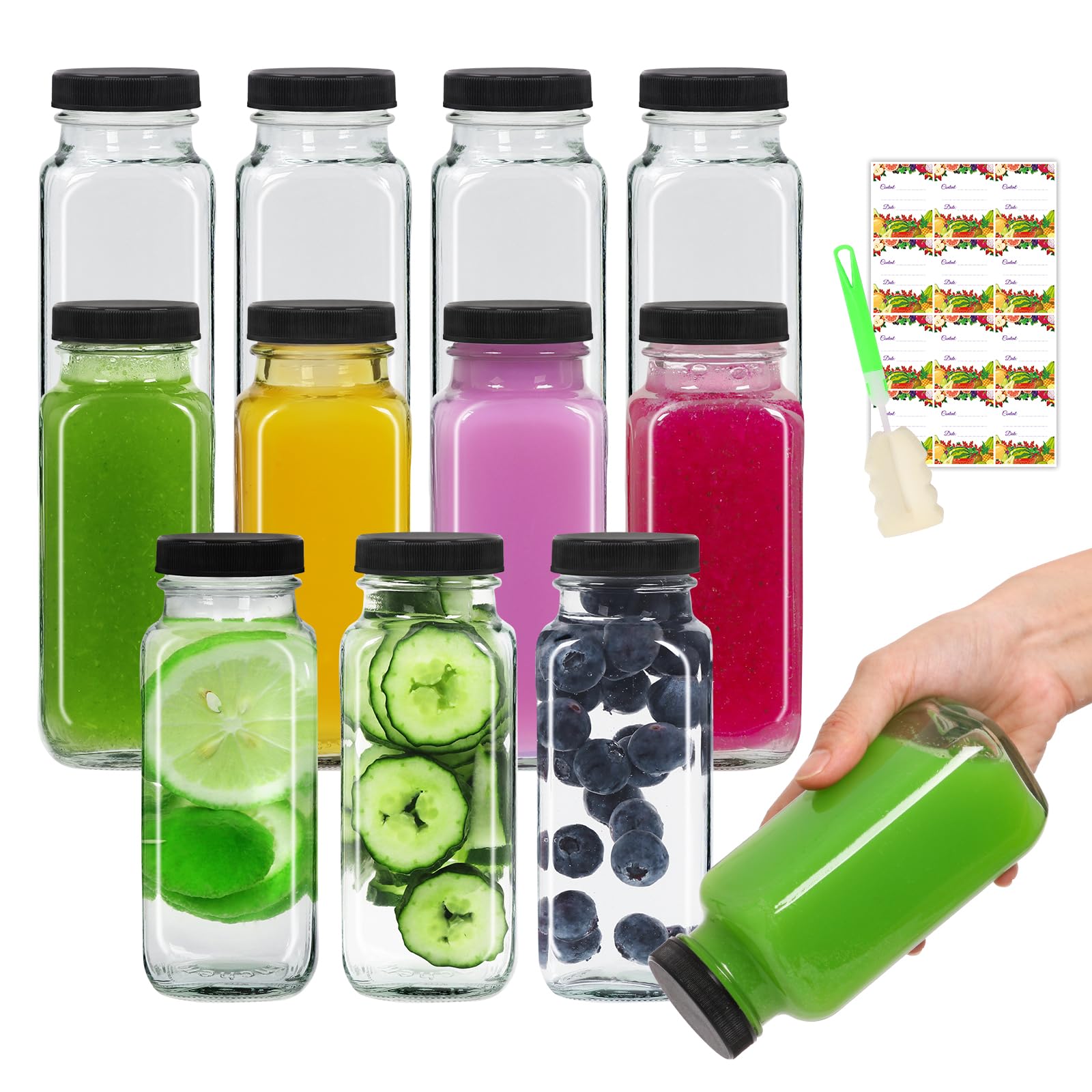 AuroTrends 8 oz Glass Bottles with Lids 12Pack, 250ml Glass Bottles for Juicing, Water, Kombucha - Portable Glass Juicing Bottles Reusable Glass 8oz (8fl.oz, Set of 12)