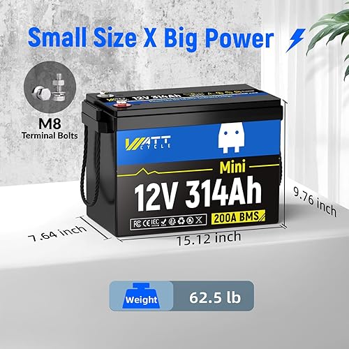 Miniatura 2 de WattCycle Mini batería LiFePO4 de 12 V, 300 Ah (314 Ah), 200 A BMS 4.01 kWh IP65 impermeable, 15000 ciclos de corte a baja temperatura, cables