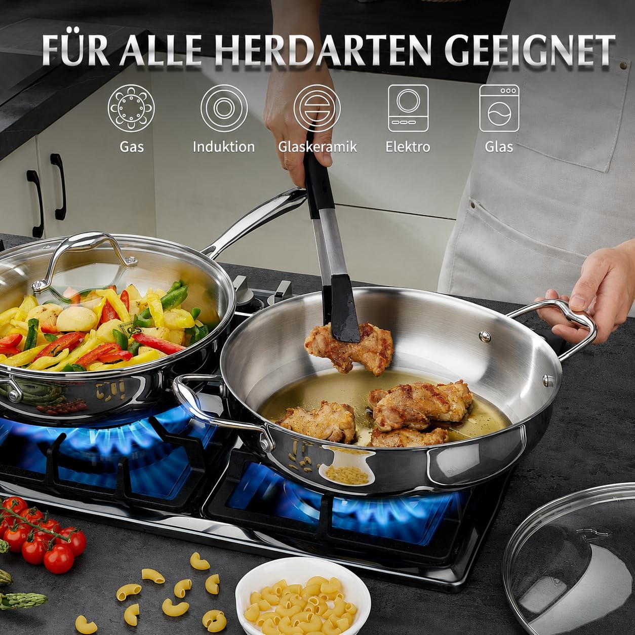 KOCH SYSTEME CS Edelstahl-Sauteuse mit Deckel 30 cm, tiefe Bratpfanne mit 3-Lagige Edelstahlpfanne, 18/10 Edelstahl-Kochfläche, zwei Griffe, induktionsgeeignet, backofen- und spülmaschinengeeignet