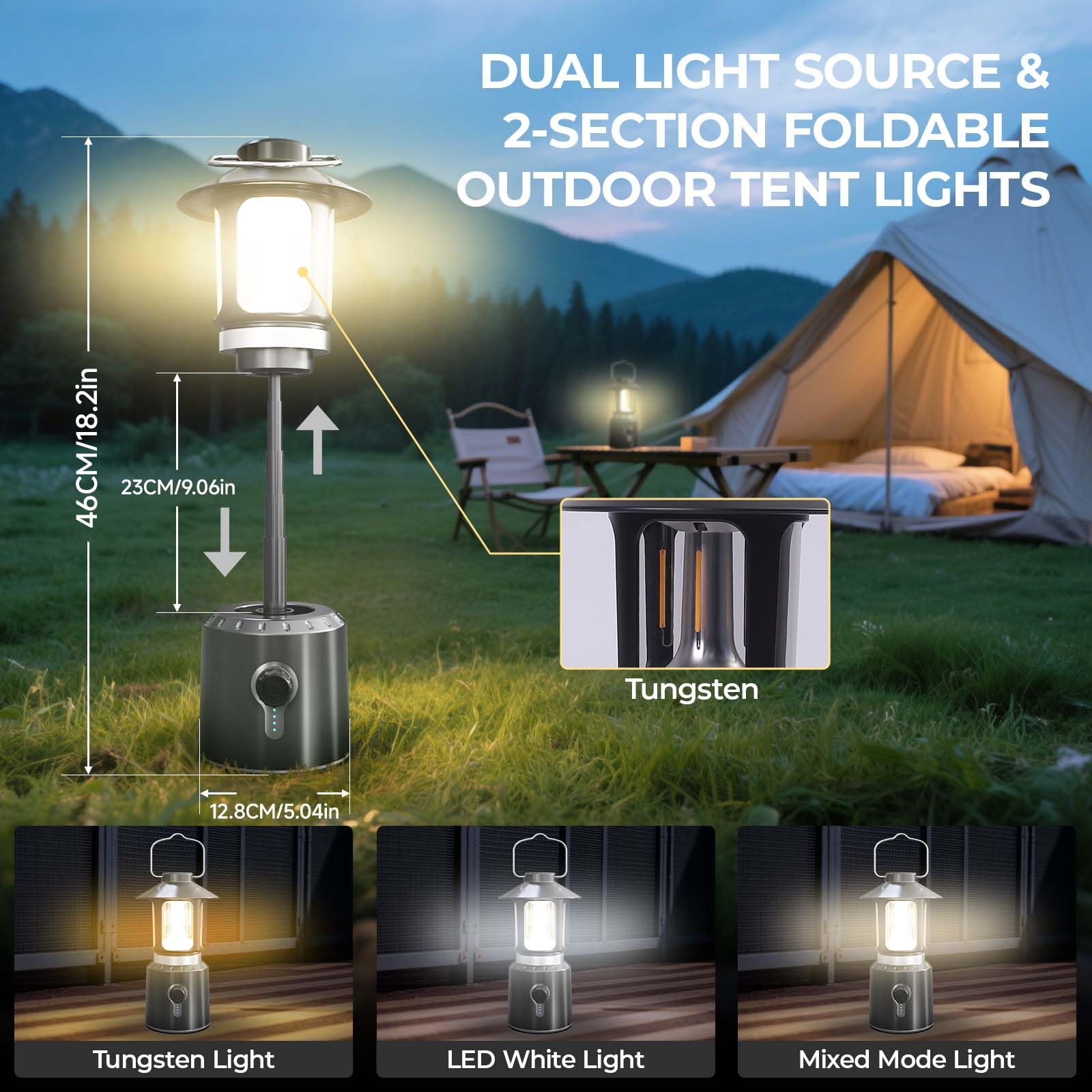 Linterna de camping recargable, 8000 mAh, funciona con pilas, luces LED de camping con 3 modos de luz (2000-6500 K), linternas telescópicas para cortes de energía, huracanes, senderismo, emergencia