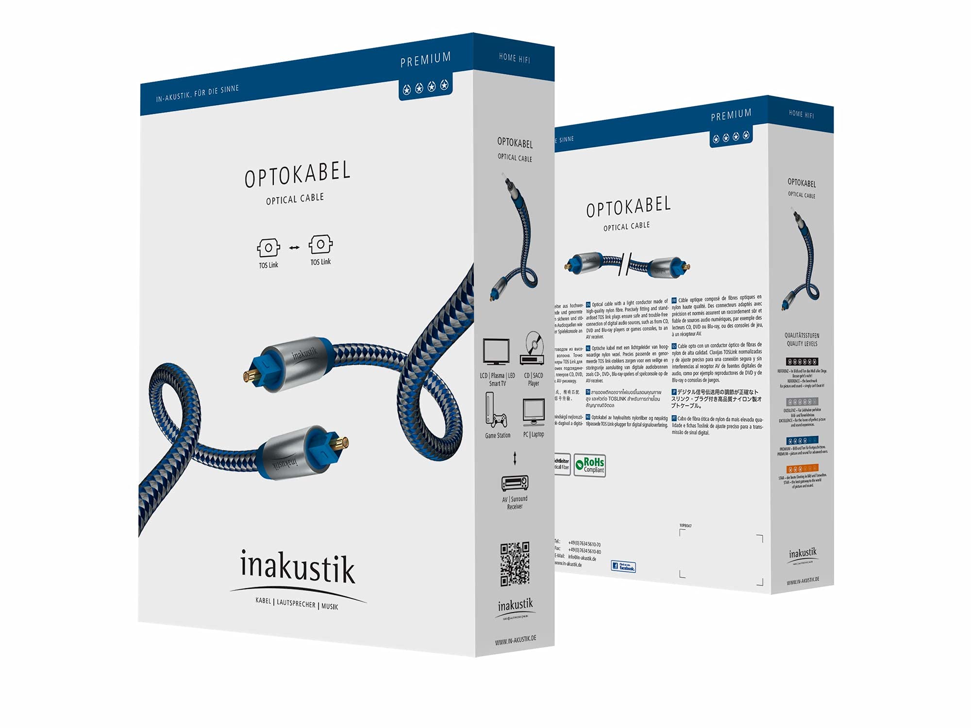 inakustik – 0041205 – Premium Optokabel | Für die Übertragung digitaler Audiosignale | 5m in Blau | Nylonleiter für max. Lichtleitfähigkeit - geschliffene Kabelenden reduzieren störende Lichtbrechungen