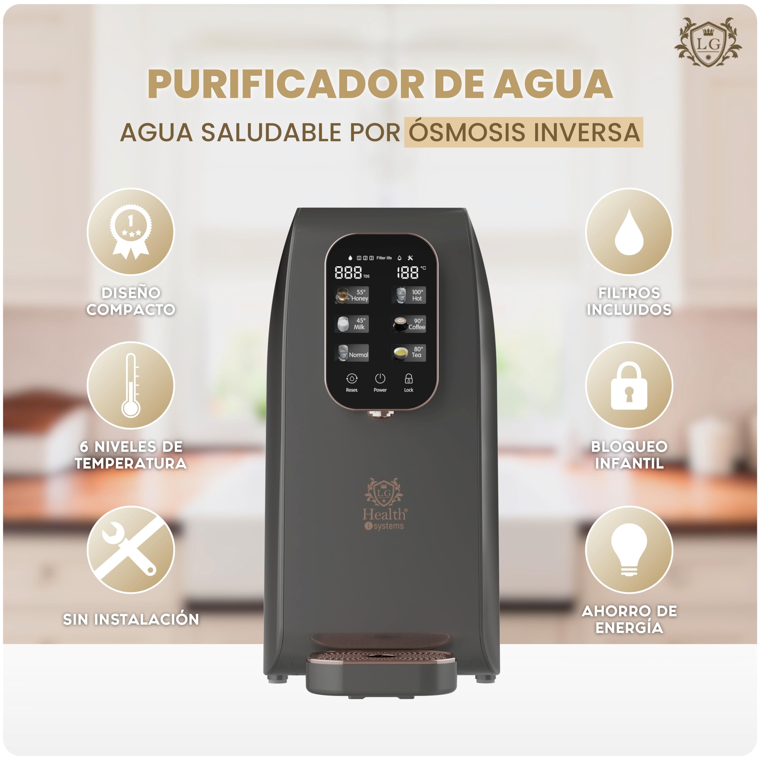 LG Health Purificador de Agua con Sistema de Ósmosis Inversa Compacta - Dispensador de Agua Potable con 6 Niveles de Temperatura - Máxima Filtración de Tóxicos - Sin Instalación - Filtros Incluidos.