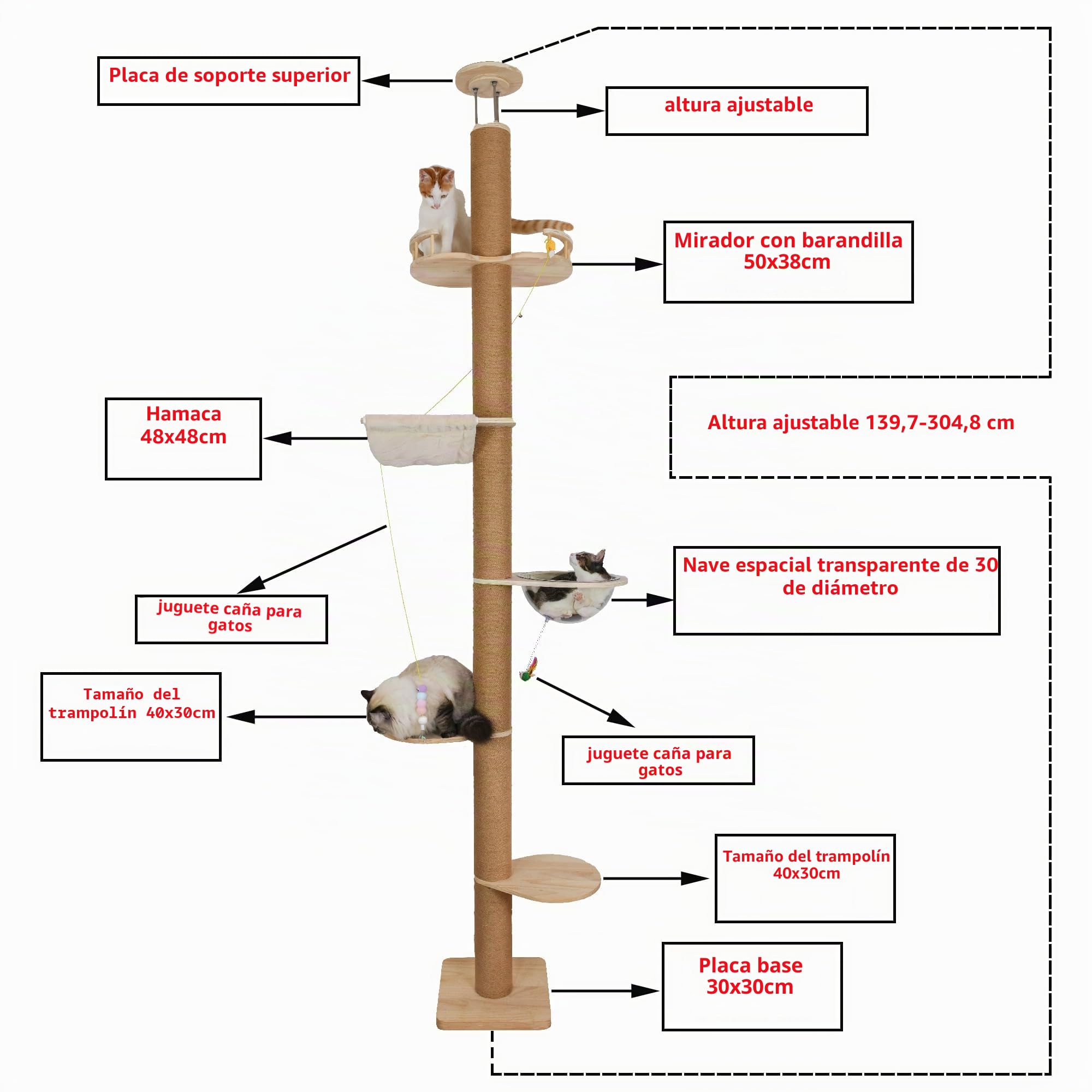 Árbol rascador para gatos de piso a techo, altura (127-304,8 cm), ajustable, 5 niveles de cáñamo, árbol rascador alto, árbol robusto para gatos para interiores y exteriores