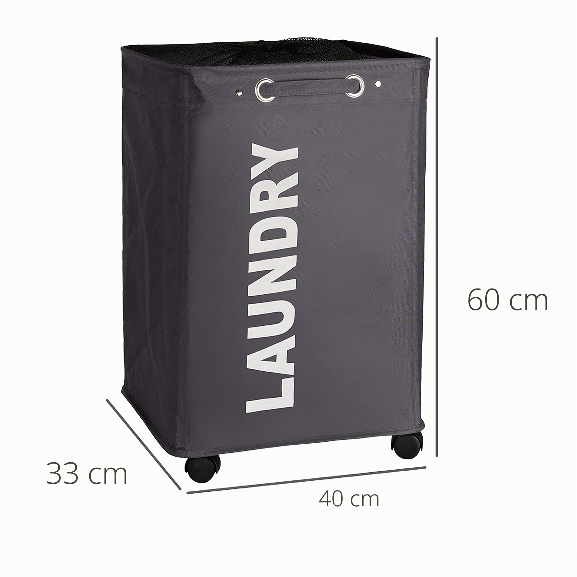WENKO Cesto Quadro para la Ropa ancho con ruedas Gris Oscuro/Negro, 60/33/40 cm