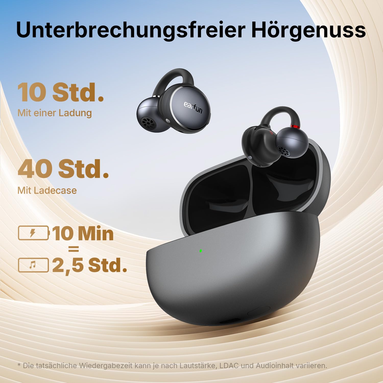 EarFun Clip Open Ear Kopfhörer Bluetooth, komfortabler Sitz, 10.8 mm Carbon-Treiber, Hi-Res Audio, LDAC, BassSurge, 40 Std. Akku, klare Anrufe, Clip-On Earbuds mit Bluetooth 6, Multipoint, IP55, APP